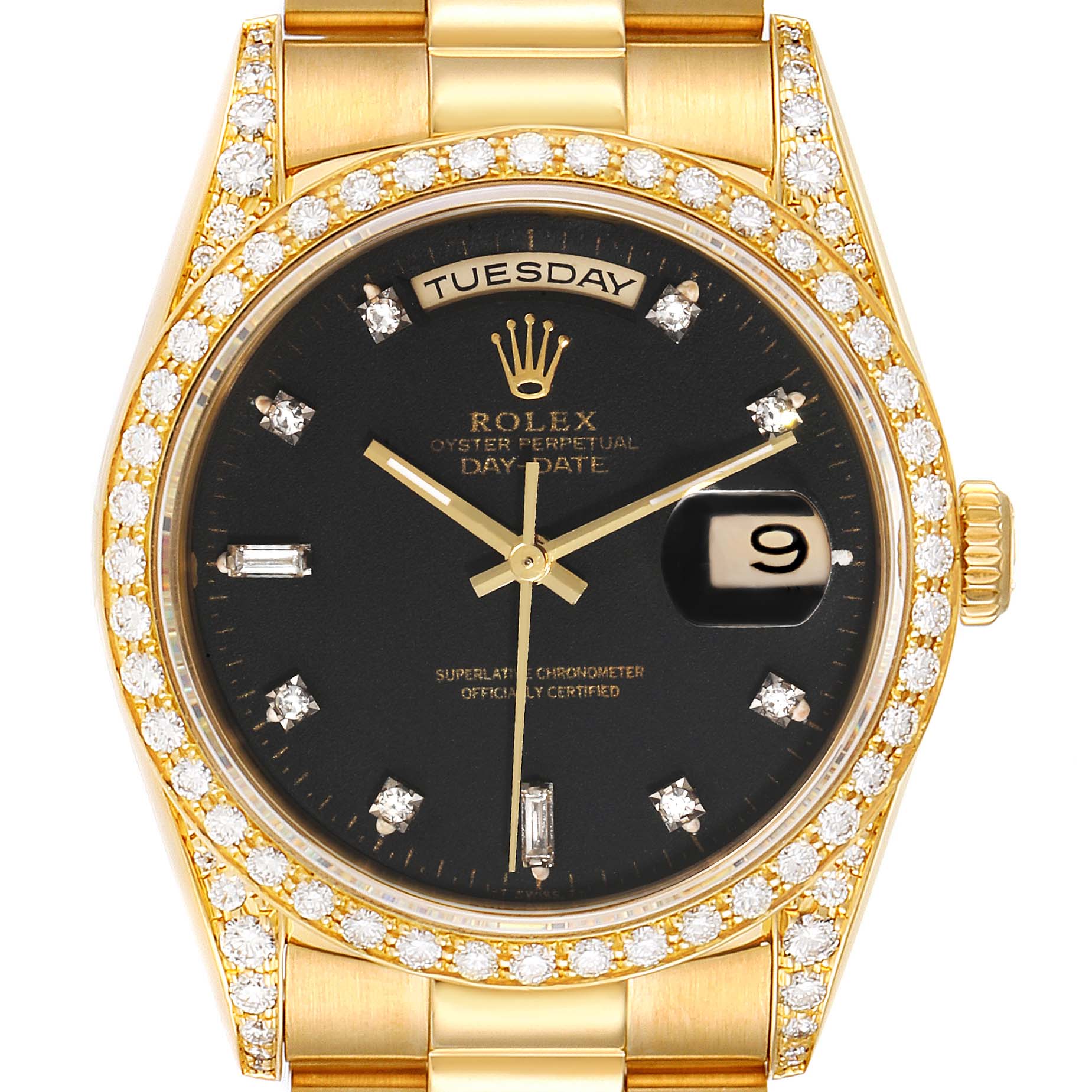 This image shows a front view of a Rolex President 18388 Men
s Yellow Gold Black Dial 18388 Men
s Yellow Gold Black Dial model watch displaying its face, bezel, and part of the bracelet.