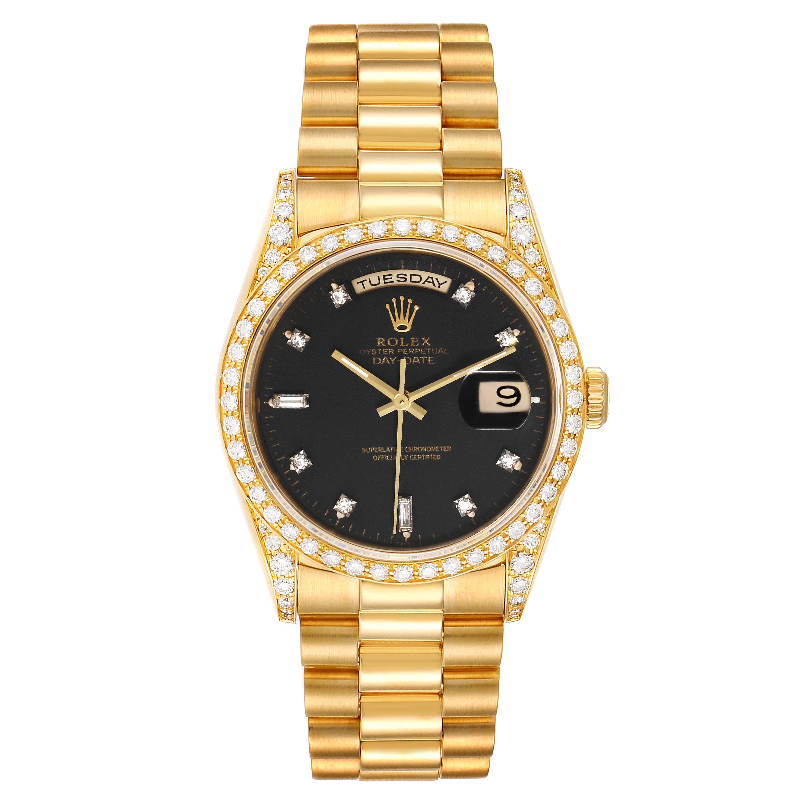 This image shows a front view of a Rolex President 18388 Men
s Yellow Gold Black Dial 18388 Men
s Yellow Gold Black Dial model watch, displaying its bezel, dial, bracelet, and day/date indicators.