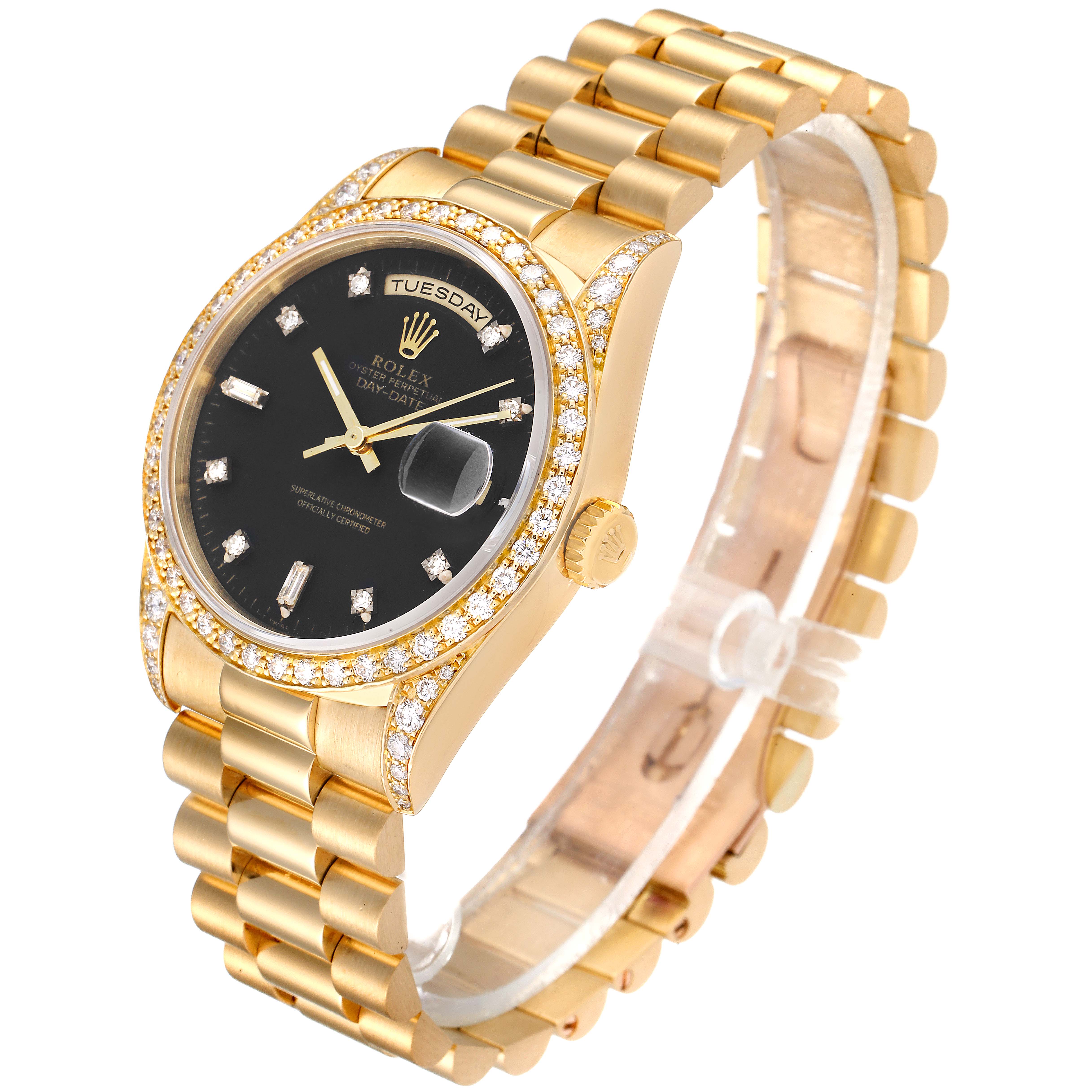The Rolex President 18388 Men
s Yellow Gold Black Dial 18388 Men
s Yellow Gold Black Dial model watch is shown at an angled view, displaying the face, bezel, case, and part of the bracelet.