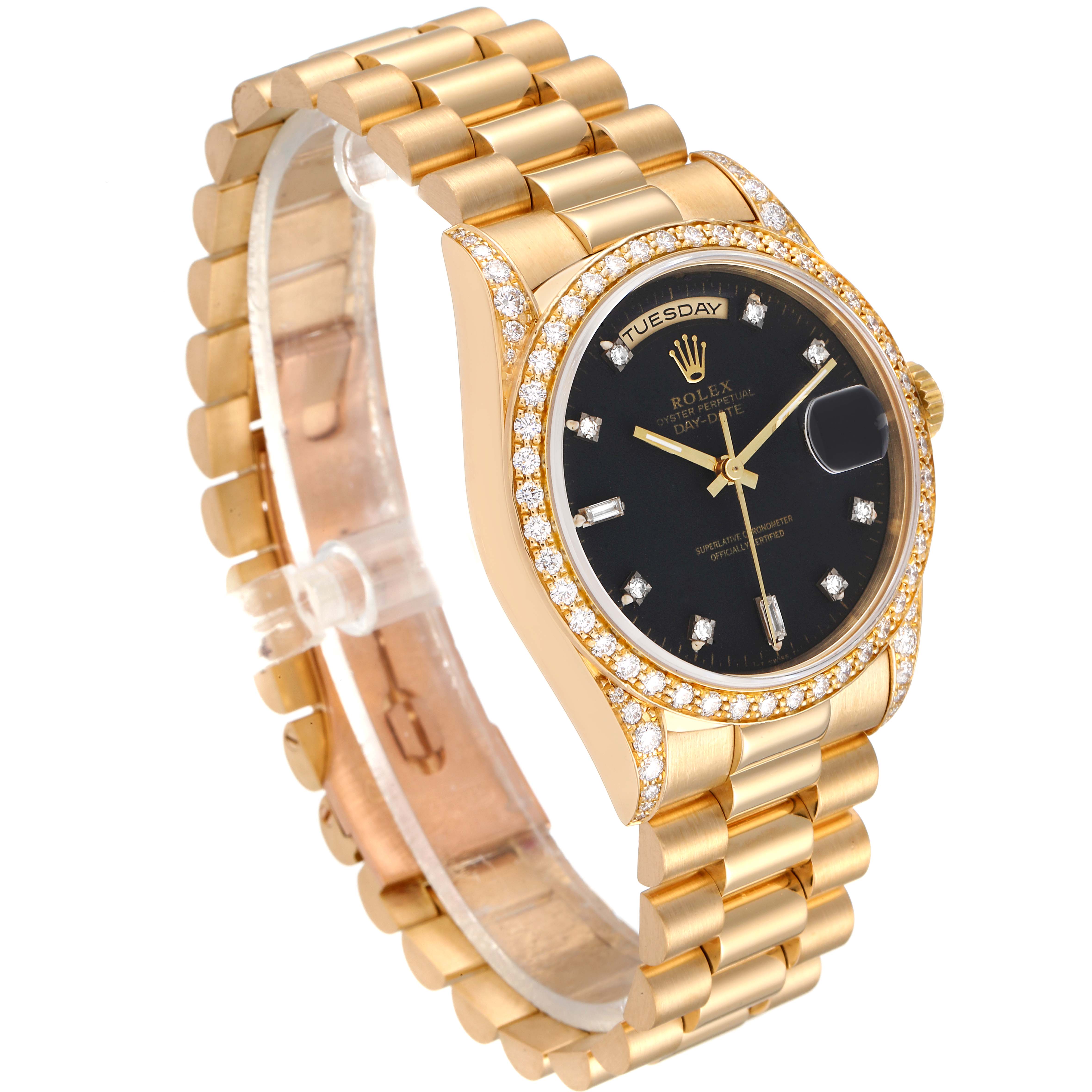The Rolex President 18388 Men
s Yellow Gold Black Dial 18388 Men
s Yellow Gold Black Dial model watch is shown at a slight angle, highlighting the gold bracelet, diamond-studded bezel, and black dial.