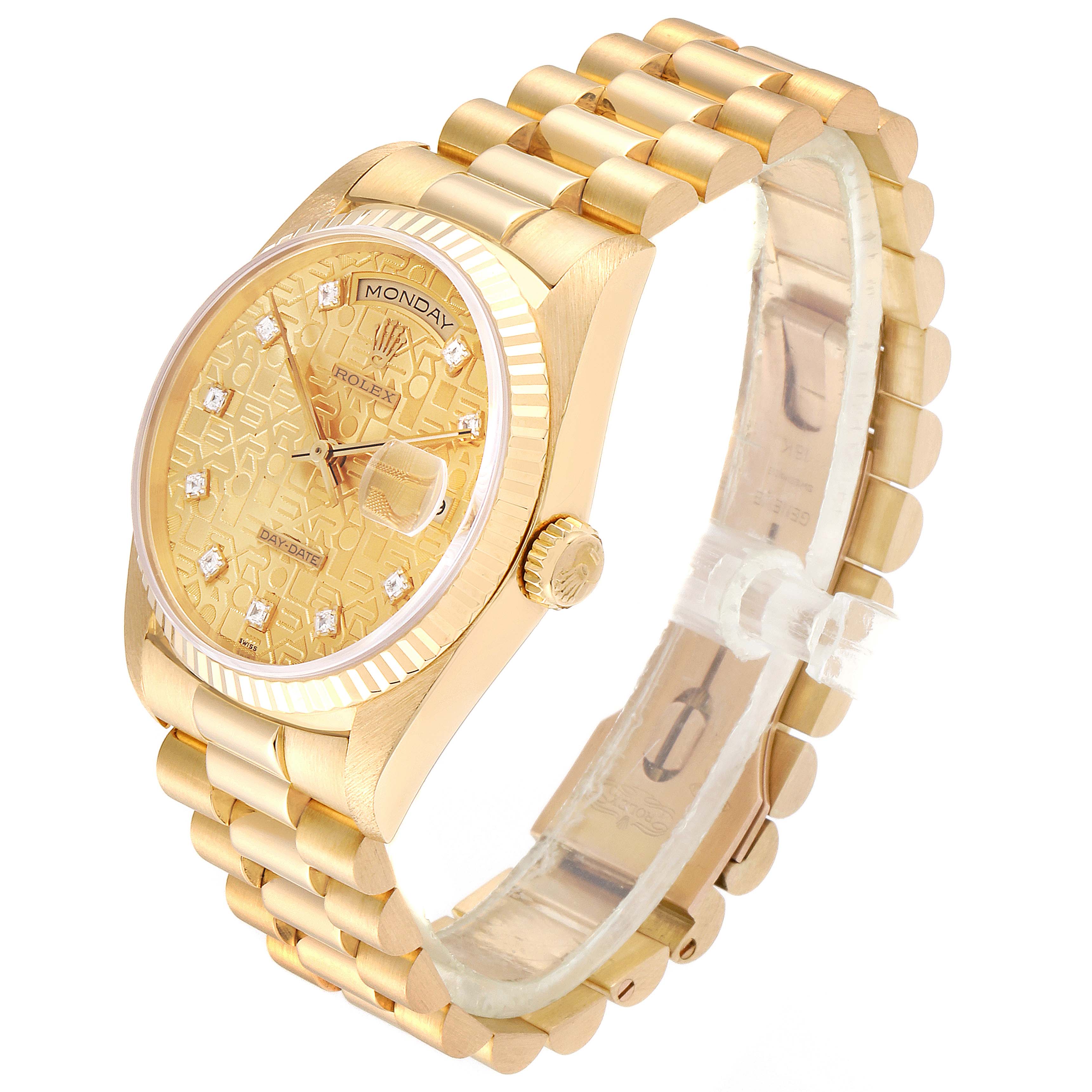 The image shows a Rolex President 18238 Men
s Yellow Gold Champagne Dial 18238 Men
s Yellow Gold Champagne Dial model watch in a gold finish, angled to display the dial, case, and bracelet.