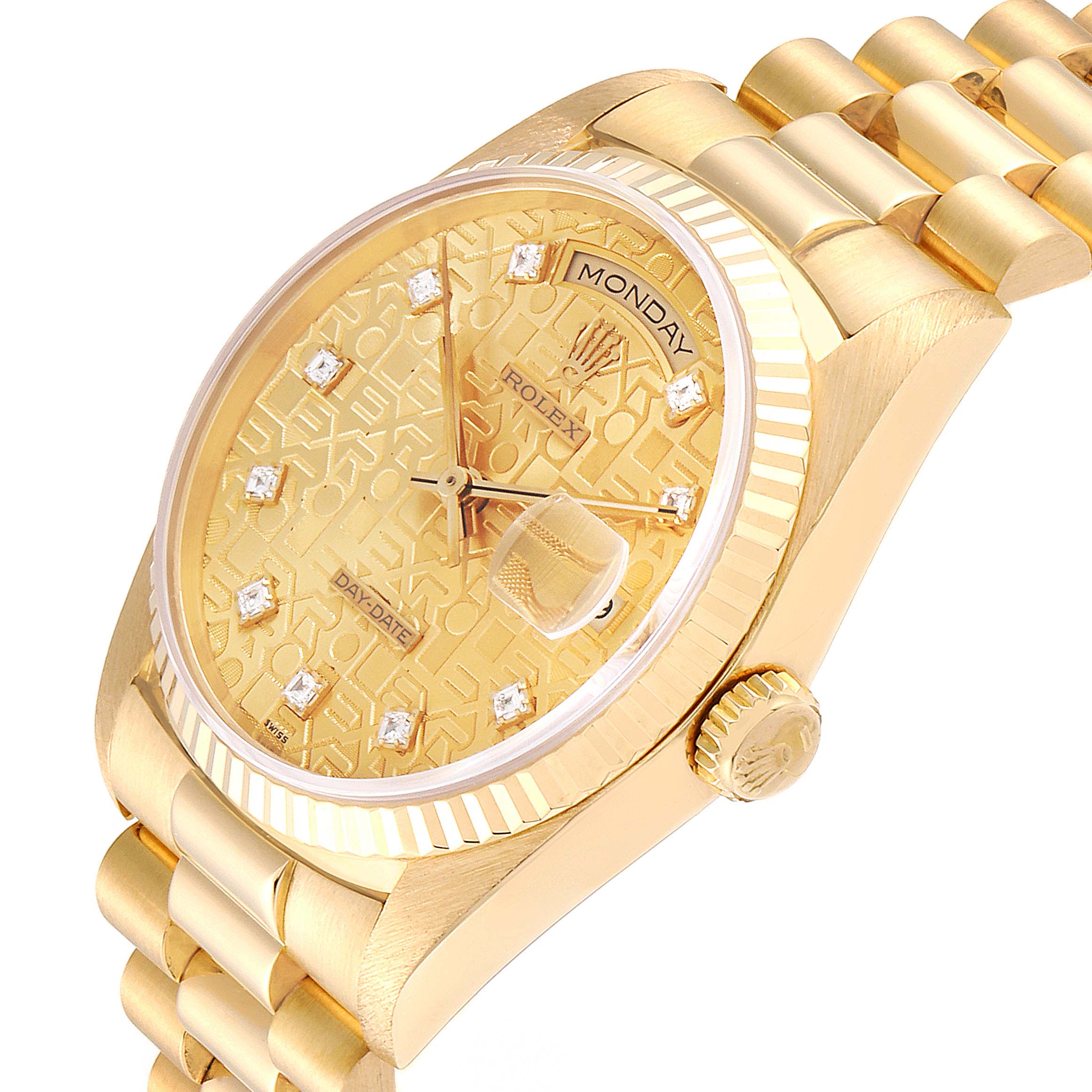 The image shows a side angle of the Rolex President 18238 Men
s Yellow Gold Champagne Dial 18238 Men
s Yellow Gold Champagne Dial model watch, highlighting the dial, crown, and portion of the bracelet.