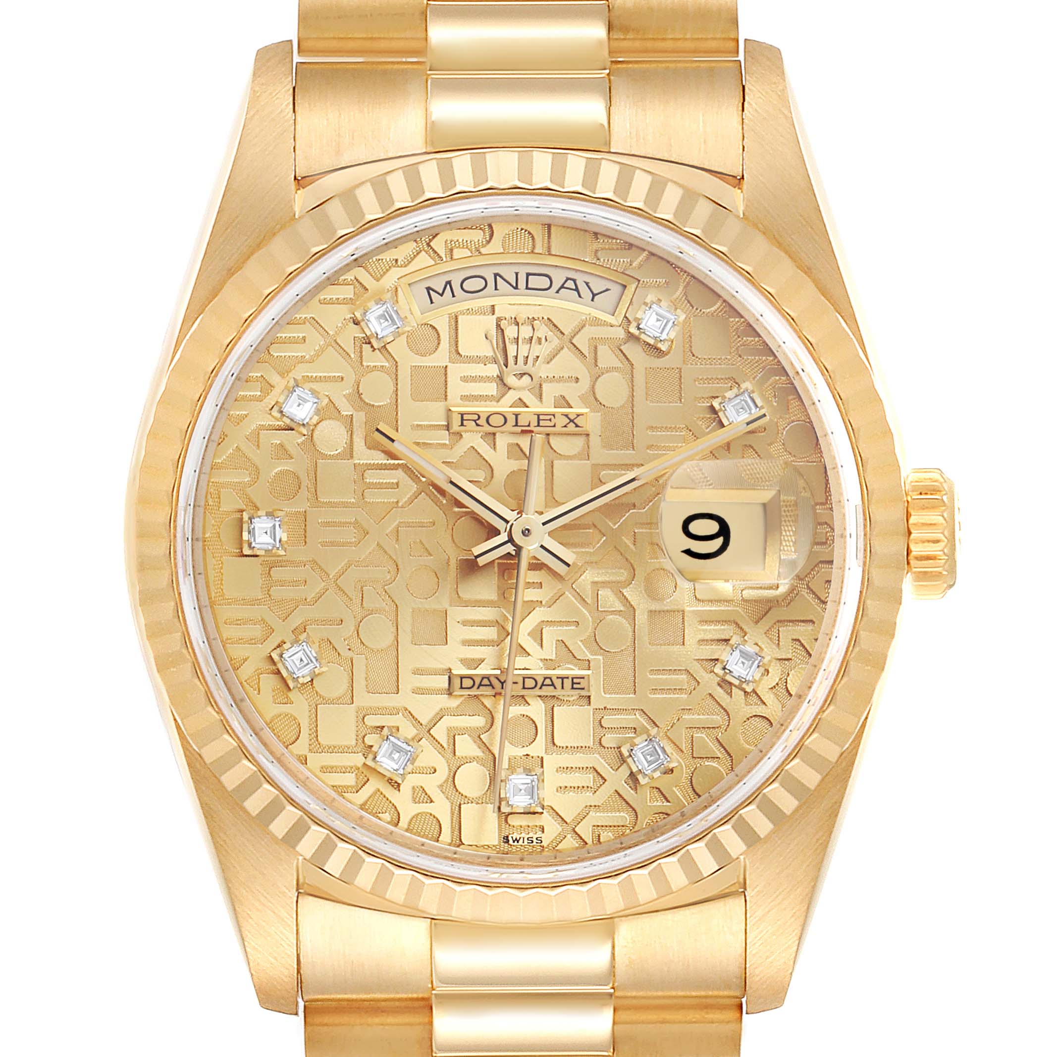 The image shows a frontal view of the Rolex President 18238 Men
s Yellow Gold Champagne Dial 18238 Men
s Yellow Gold Champagne Dial model watch, highlighting the dial, day-date display, bezel, and bracelet.