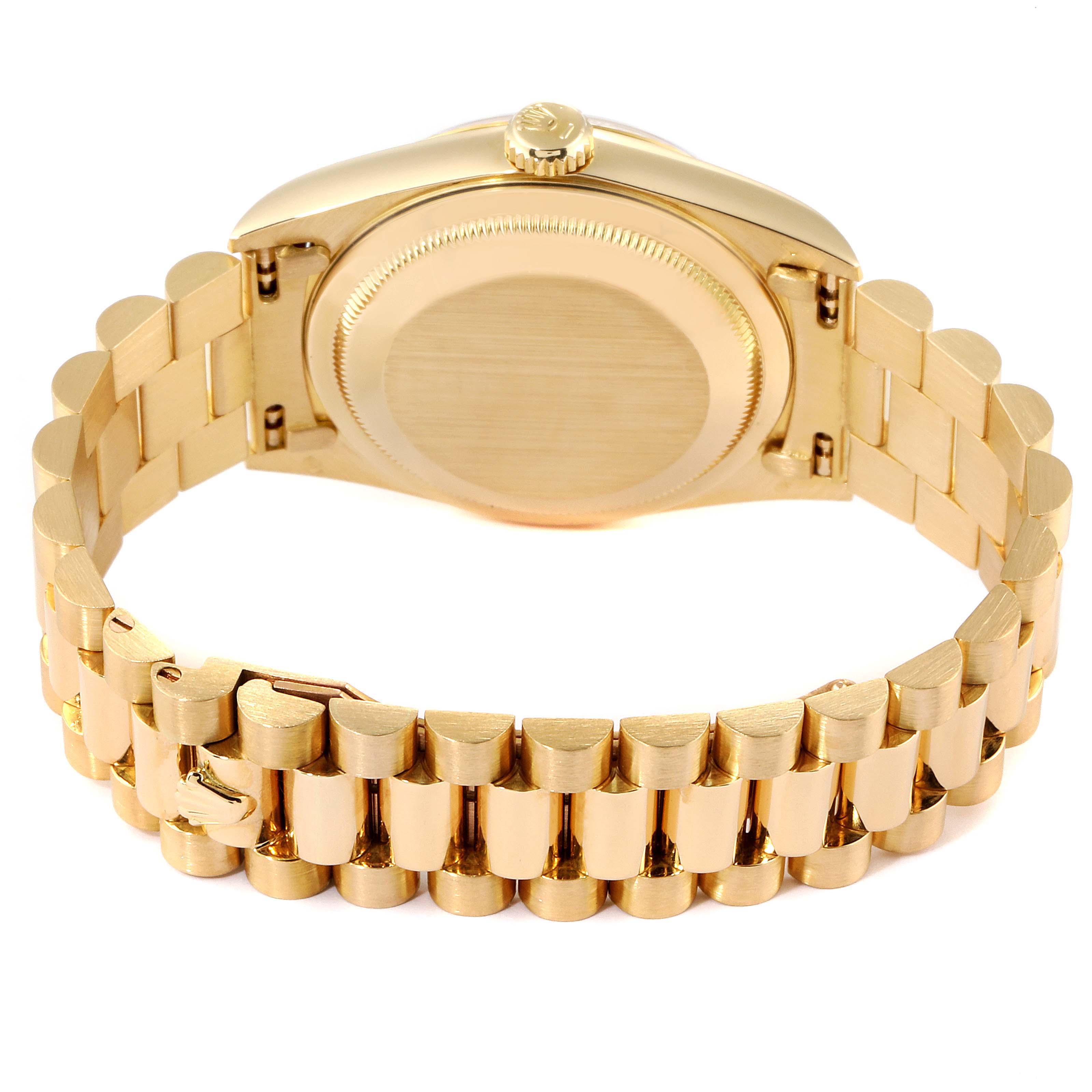 This image shows the back view of a Rolex President 18238 Men
s Yellow Gold Champagne Dial 18238 Men
s Yellow Gold Champagne Dial model watch, focusing on the case back and bracelet.