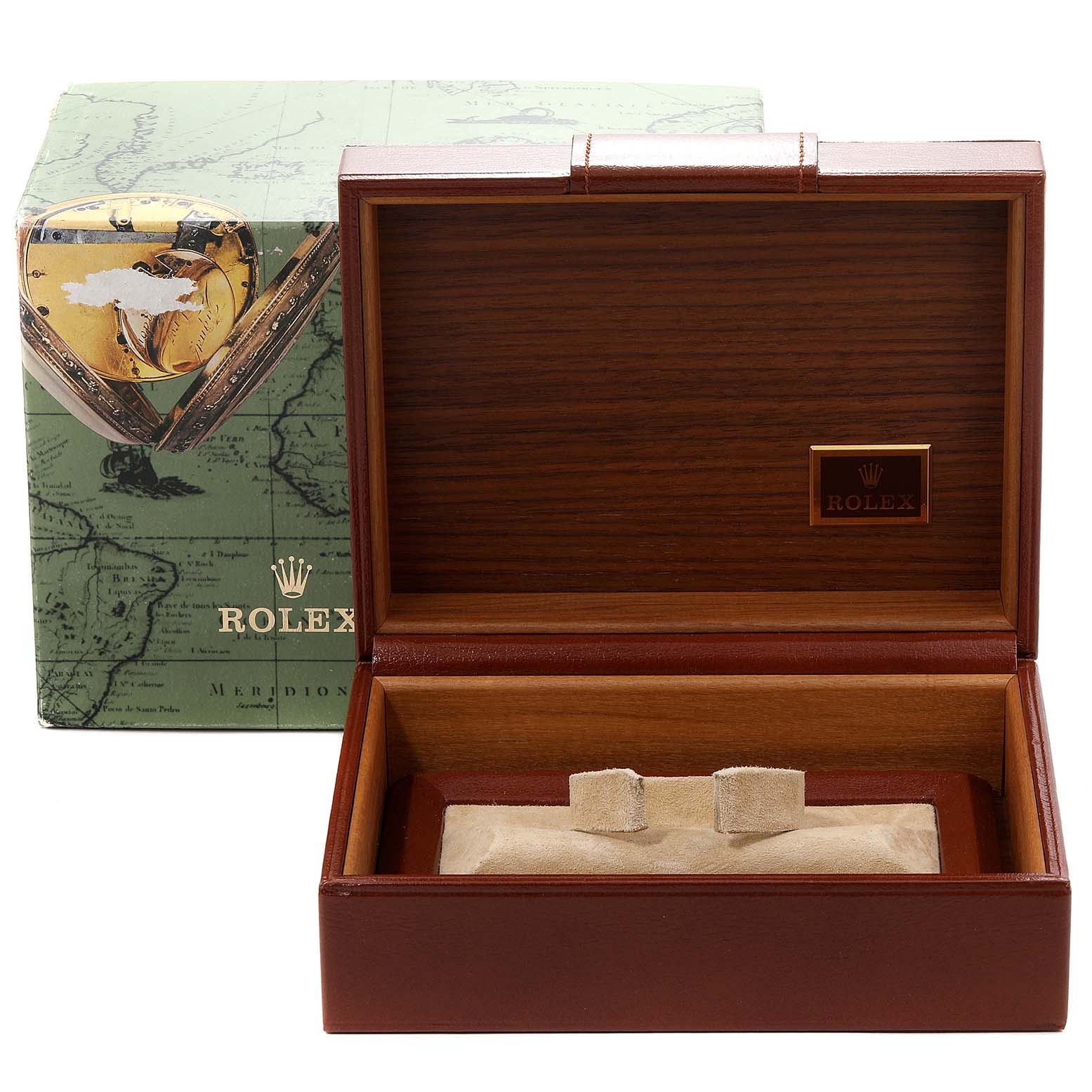 The image shows a Rolex President 18238 Men
s Yellow Gold Champagne Dial 18238 Men
s Yellow Gold Champagne Dial model watch box and an outer box, both closed, photographed from a front angle.