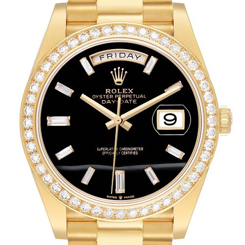 The Rolex Date 228348RBR Men's Yellow Gold Black Dial model watch is shown from a front angle, highlighting the bezel, dial, and bracelet.