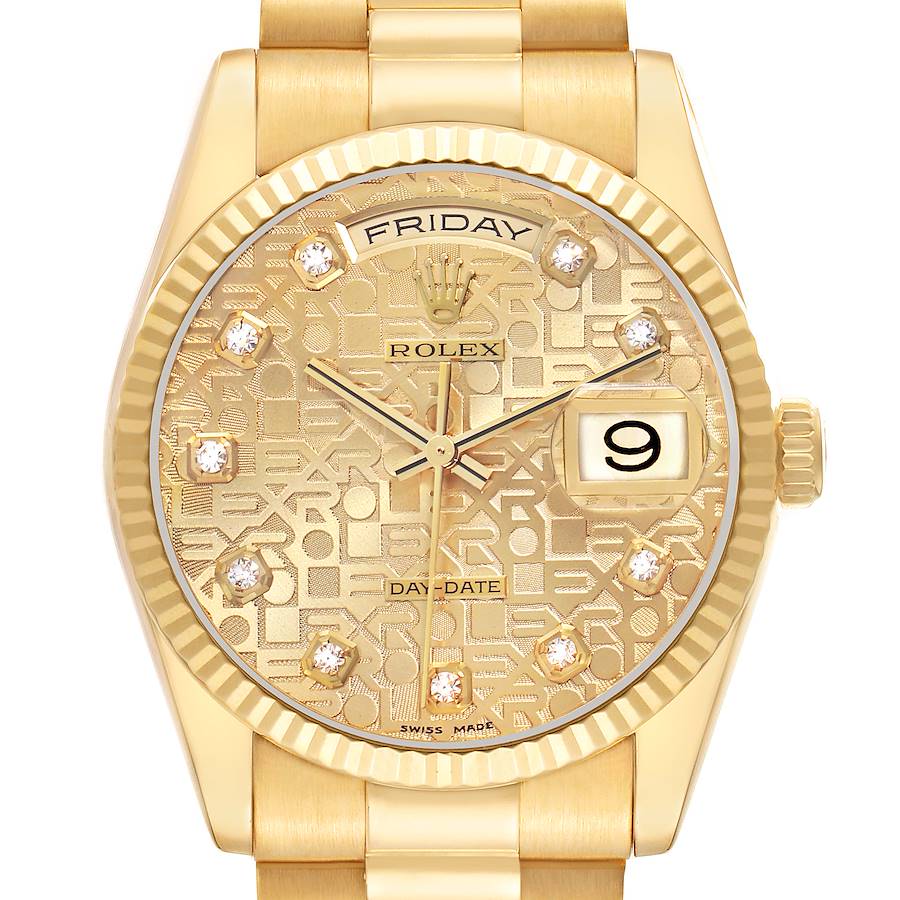 The image shows a front view of a Rolex President 118238 Men's Yellow Gold Champagne Dial watch, highlighting the gold dial, day-date display, and diamond hour markers.