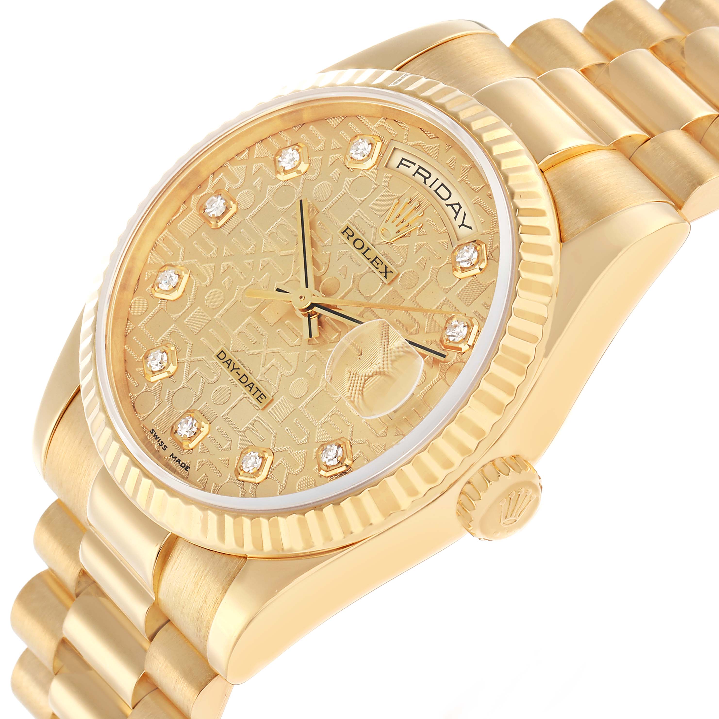 The Rolex President 118238 Men's Yellow Gold Champagne Dial model watch is shown at an angle highlighting the face, bezel, crown, and part of the bracelet.