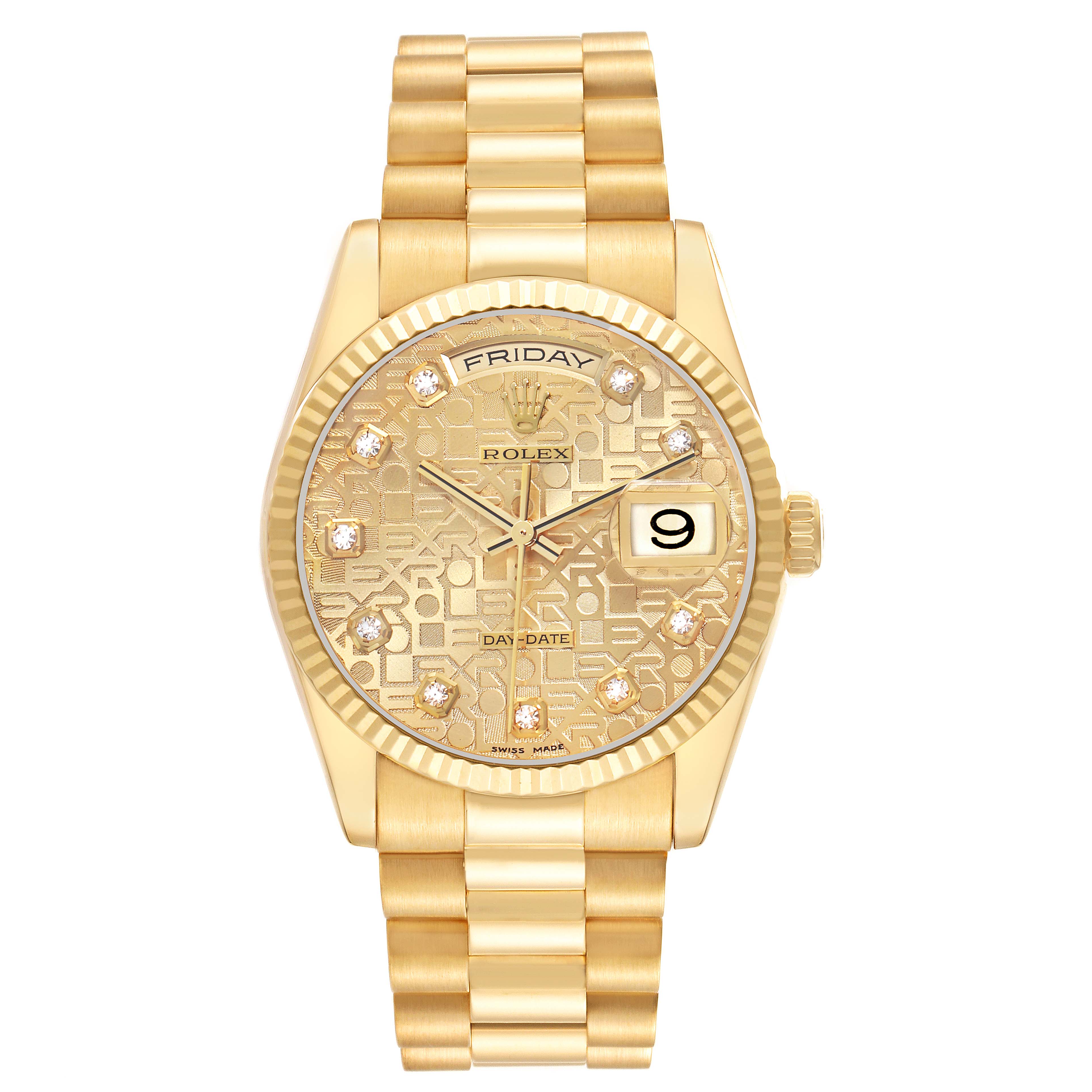 The Rolex President 118238 Men's Yellow Gold Champagne Dial model is shown from a front angle, highlighting the dial, bracelet, and fluted bezel.