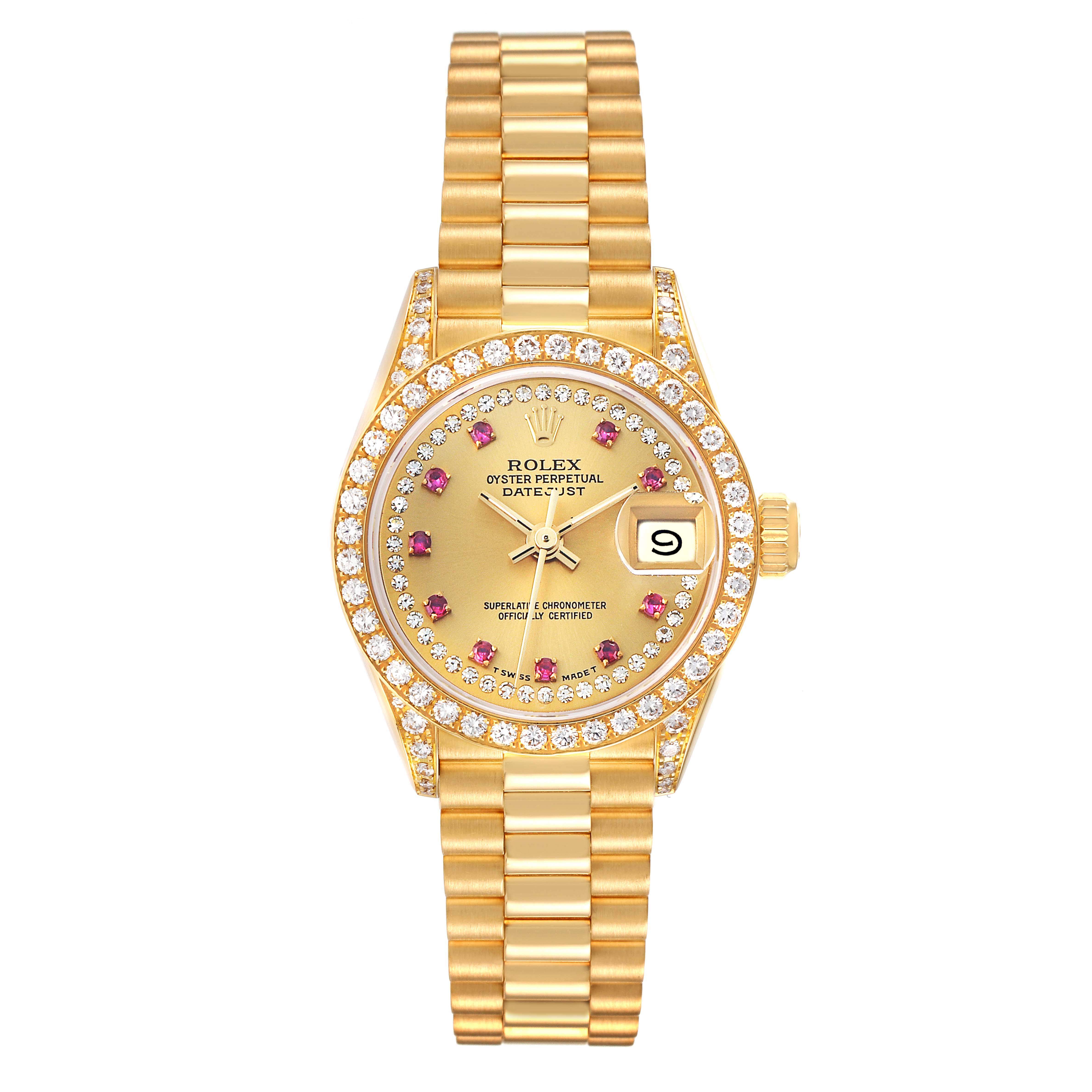 The Rolex President 69158 Women
s Yellow Gold Champagne Dial model is shown from the front, featuring a gold bracelet, diamond bezel, and date display.