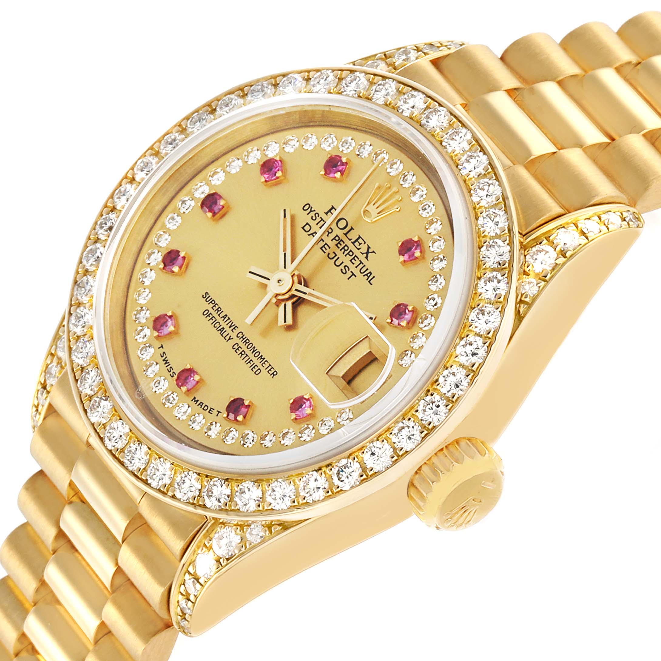 The Rolex President 69158 Women
s Yellow Gold Champagne Dial model watch is shown at a slight angle, highlighting the dial, bezel with diamonds, crown, and bracelet.