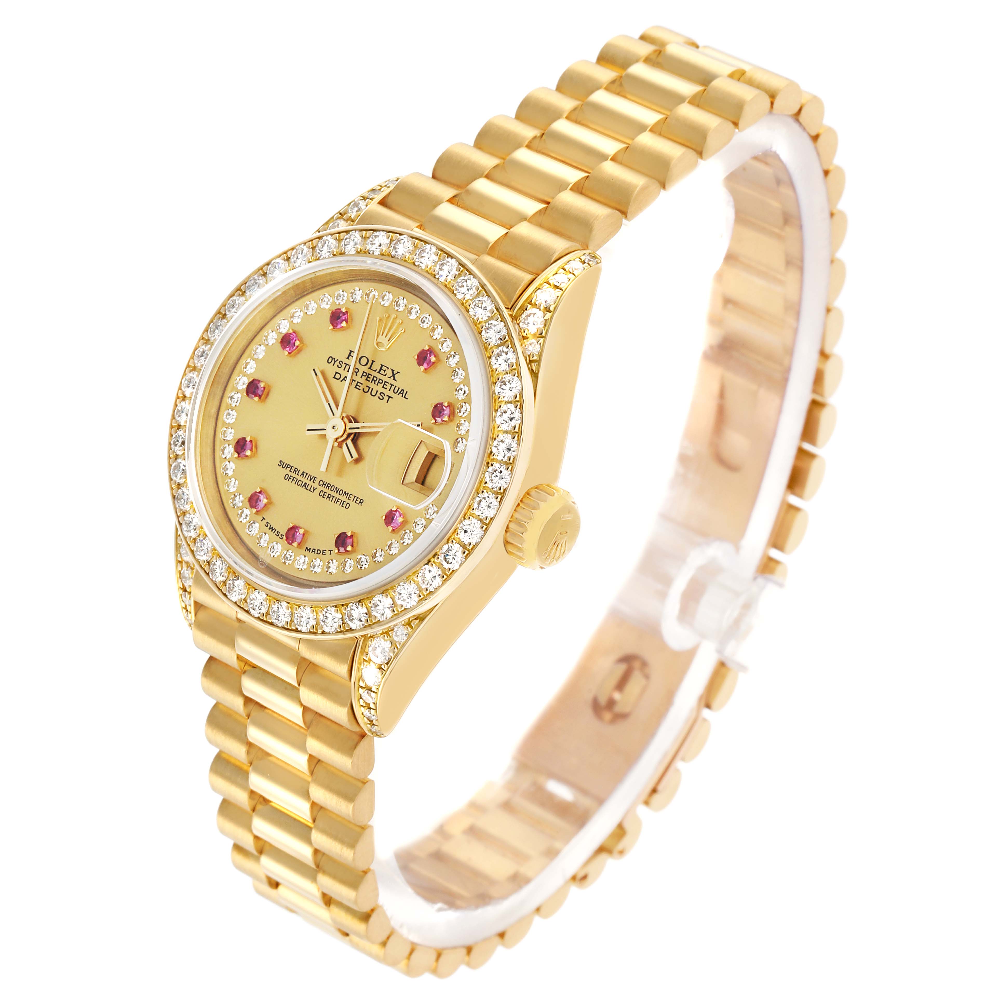 The Rolex President 69158 Women
s Yellow Gold Champagne Dial model is shown at a slight angle, displaying the gold bracelet, diamond bezel, and detailed dial with red accents.