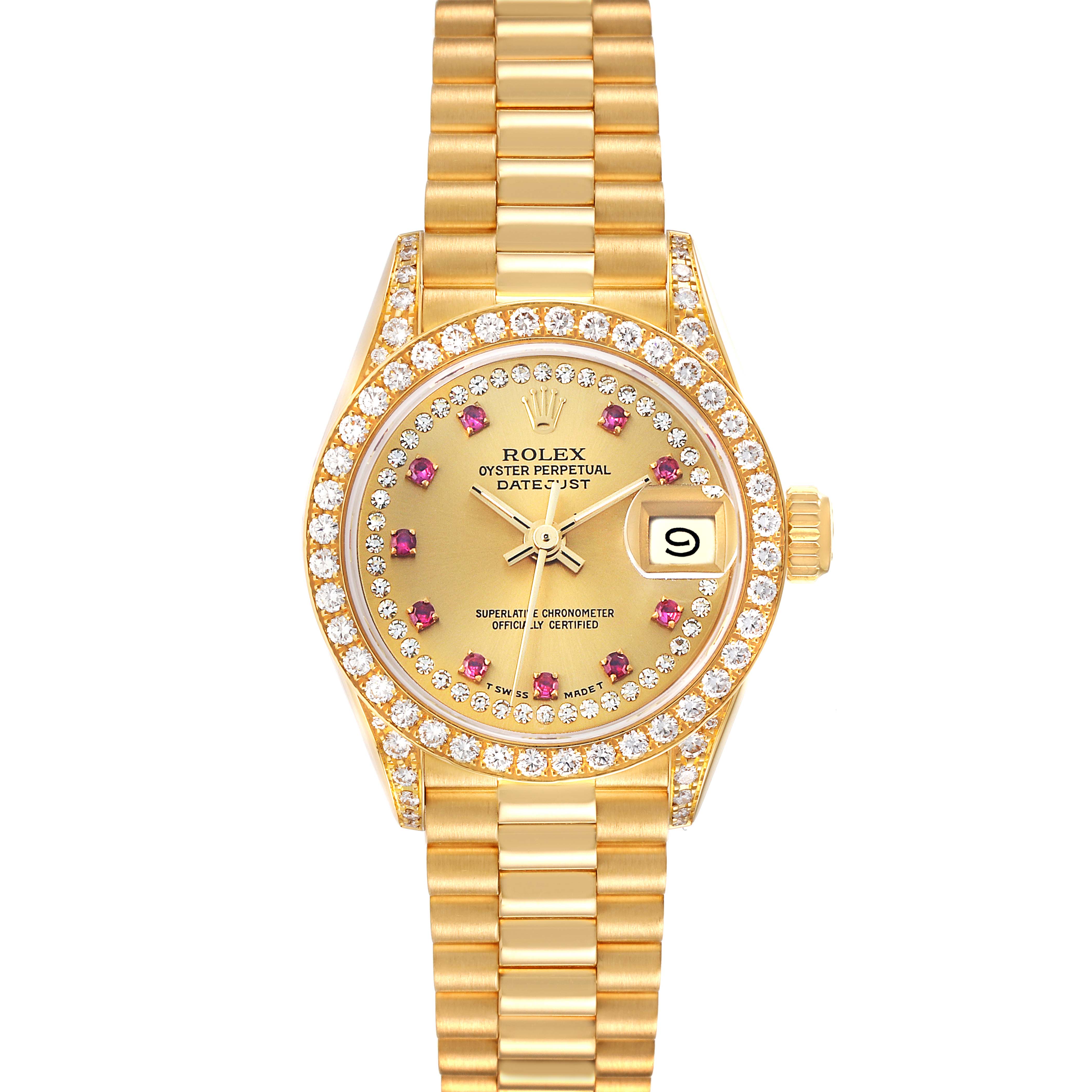 The Rolex President 69158 Women
s Yellow Gold Champagne Dial model is shown from the front, featuring its gold bracelet, diamond bezel, and ruby hour markers.