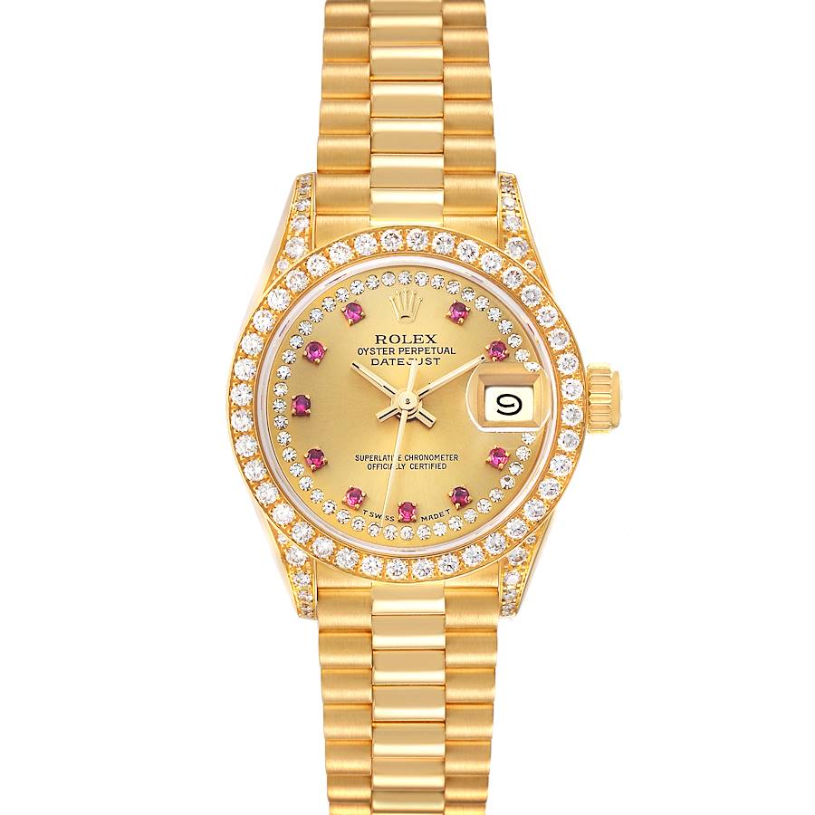 The Rolex President 69158 Women's Yellow Gold Champagne Dial model is shown from the front, featuring its gold bracelet, diamond bezel, and ruby hour markers.
