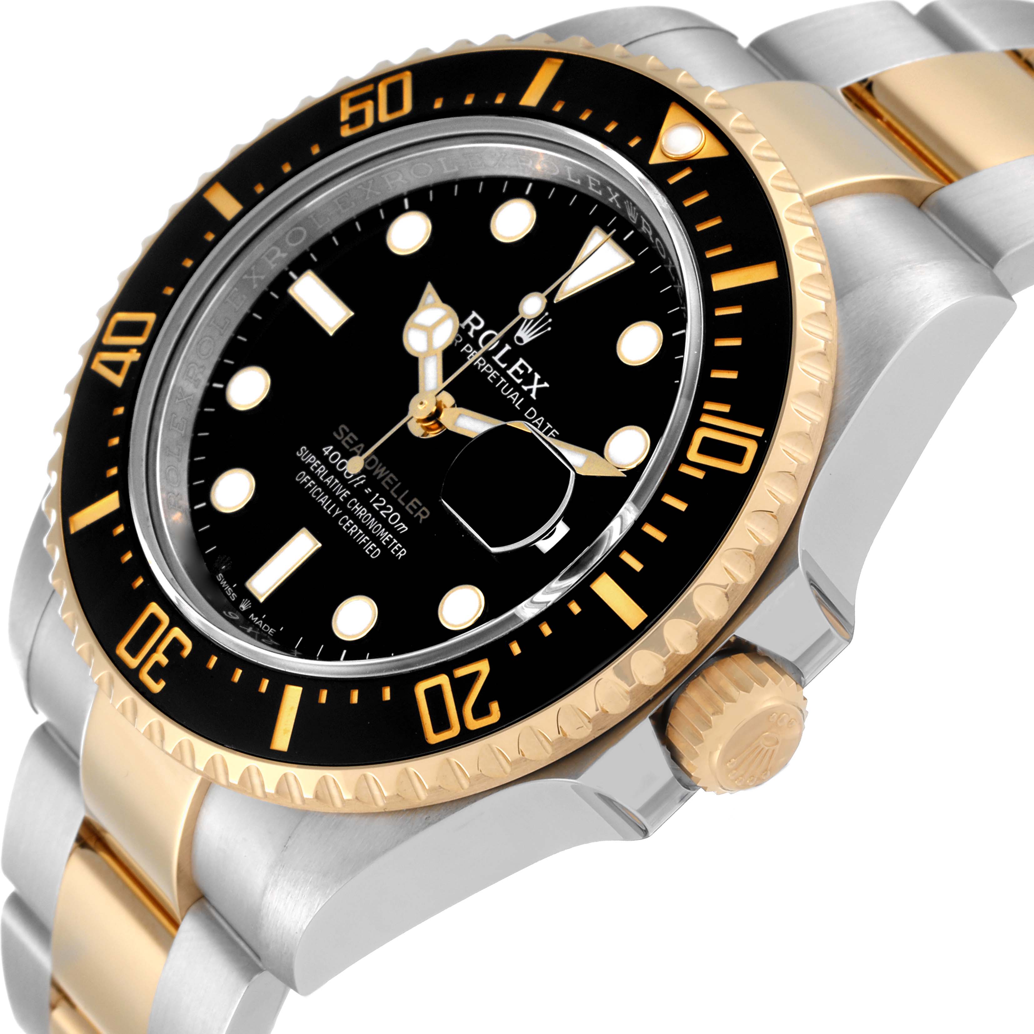 This image shows a close-up, angled view of the face, bezel, and part of the bracelet of a Rolex Sea-Dweller 126603 Men
s Steel and Gold (two tone) Black Dial 126603 Men
s Steel and Gold (two tone) Black Dial watch.
