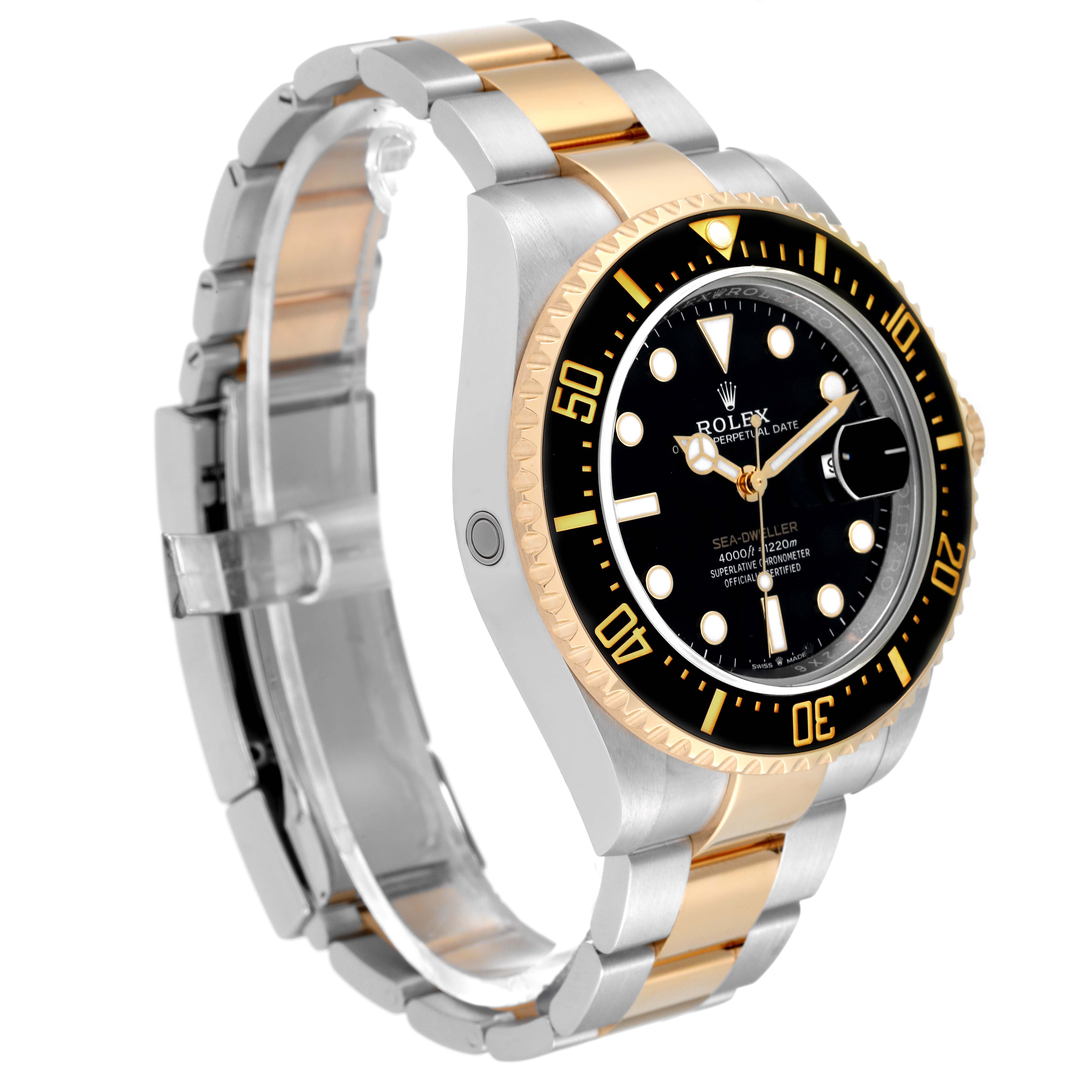 The image displays a Rolex Sea-Dweller 126603 Men
s Steel and Gold (two tone) Black Dial 126603 Men
s Steel and Gold (two tone) Black Dial watch at a three-quarter angle, showing its face and bimetal bracelet.