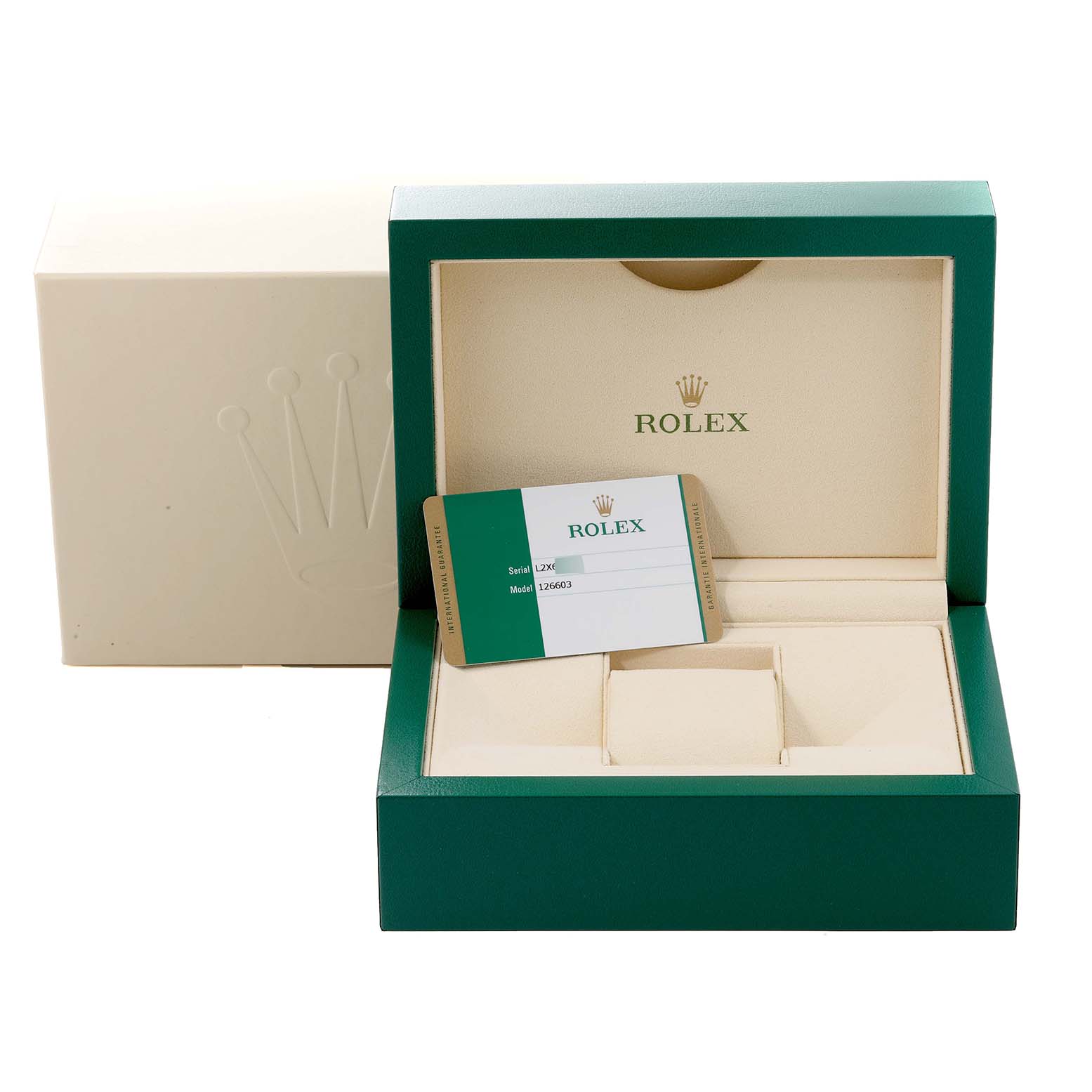 This image shows the open box and warranty card for a Rolex Sea-Dweller 126603 Men
s Steel and Gold (two tone) Black Dial 126603 Men
s Steel and Gold (two tone) Black Dial watch.