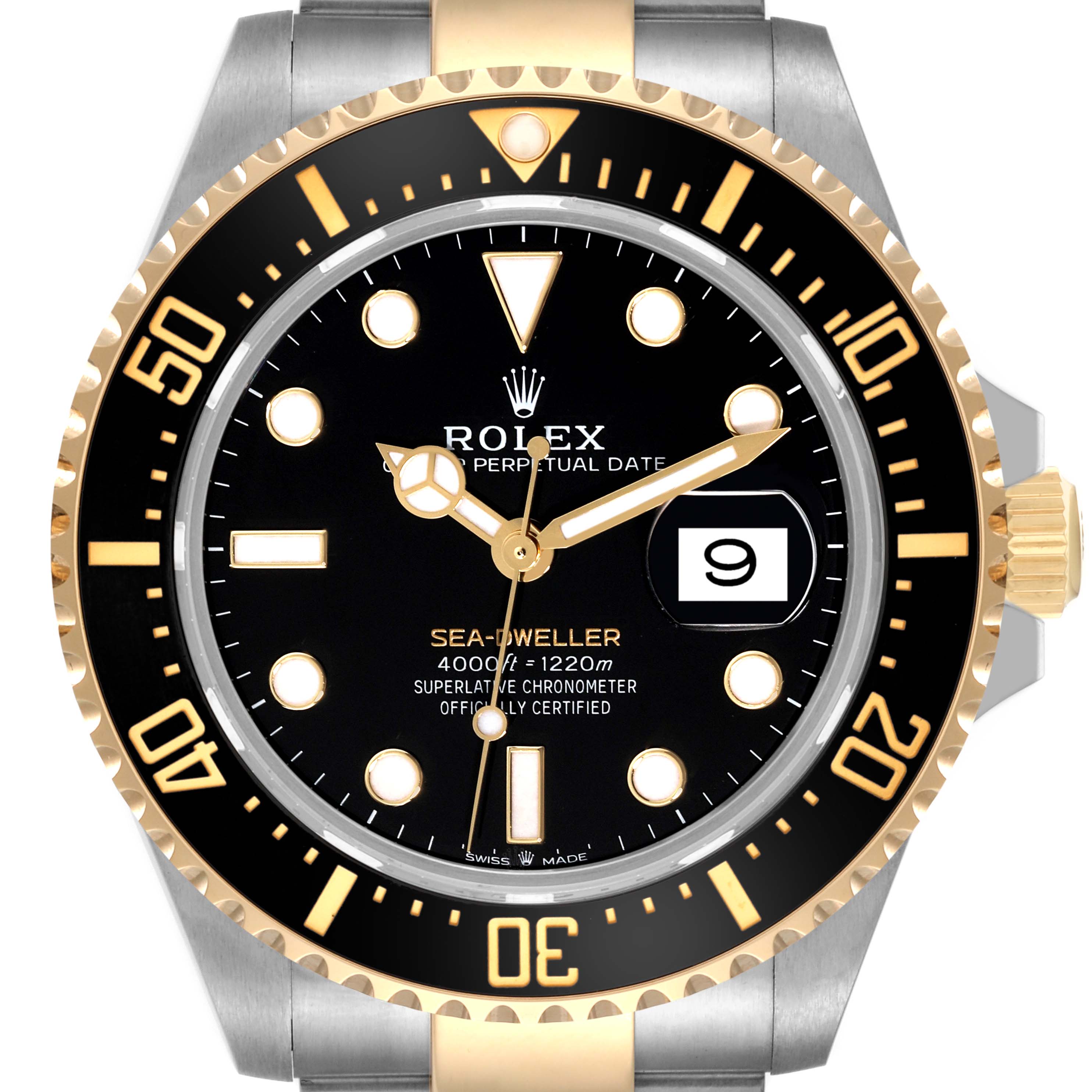 The image shows a front view of the Rolex Sea-Dweller 126603 Men
s Steel and Gold (two tone) Black Dial 126603 Men
s Steel and Gold (two tone) Black Dial watch, highlighting its dial, bezel, hands, and date window.