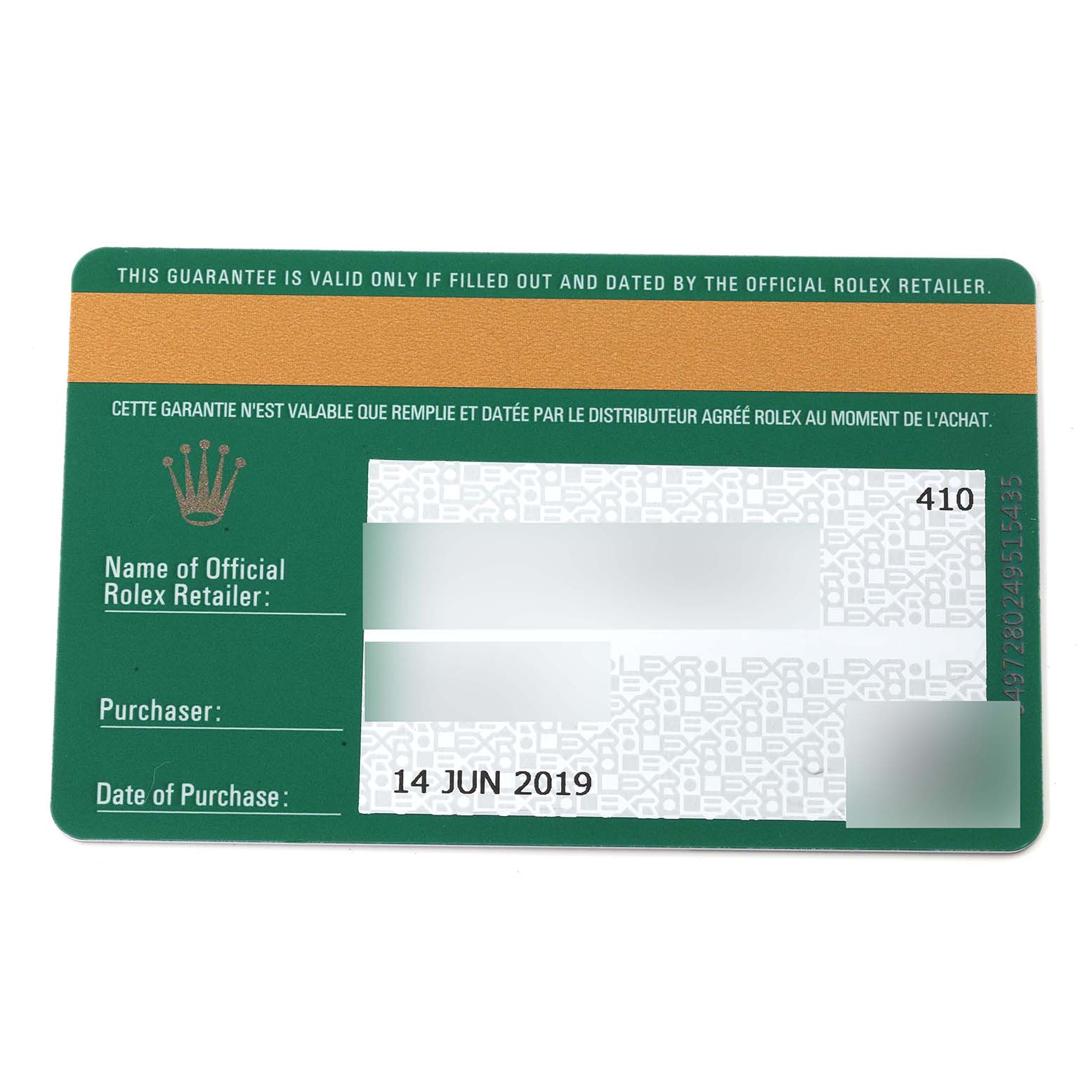 The image shows the guarantee card for the Rolex Sea-Dweller 126603 Men
s Steel and Gold (two tone) Black Dial 126603 Men
s Steel and Gold (two tone) Black Dial watch, highlighting purchase details and the retailer
s information.