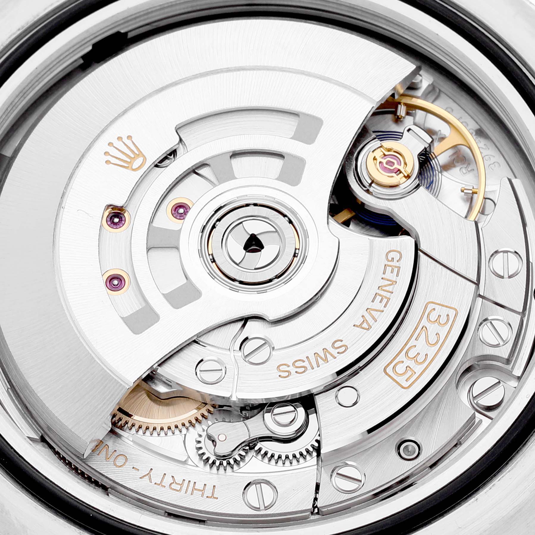 This image shows a close-up of the movement mechanism of a Rolex Sea-Dweller 126603 Men
s Steel and Gold (two tone) Black Dial 126603 Men
s Steel and Gold (two tone) Black Dial watch.