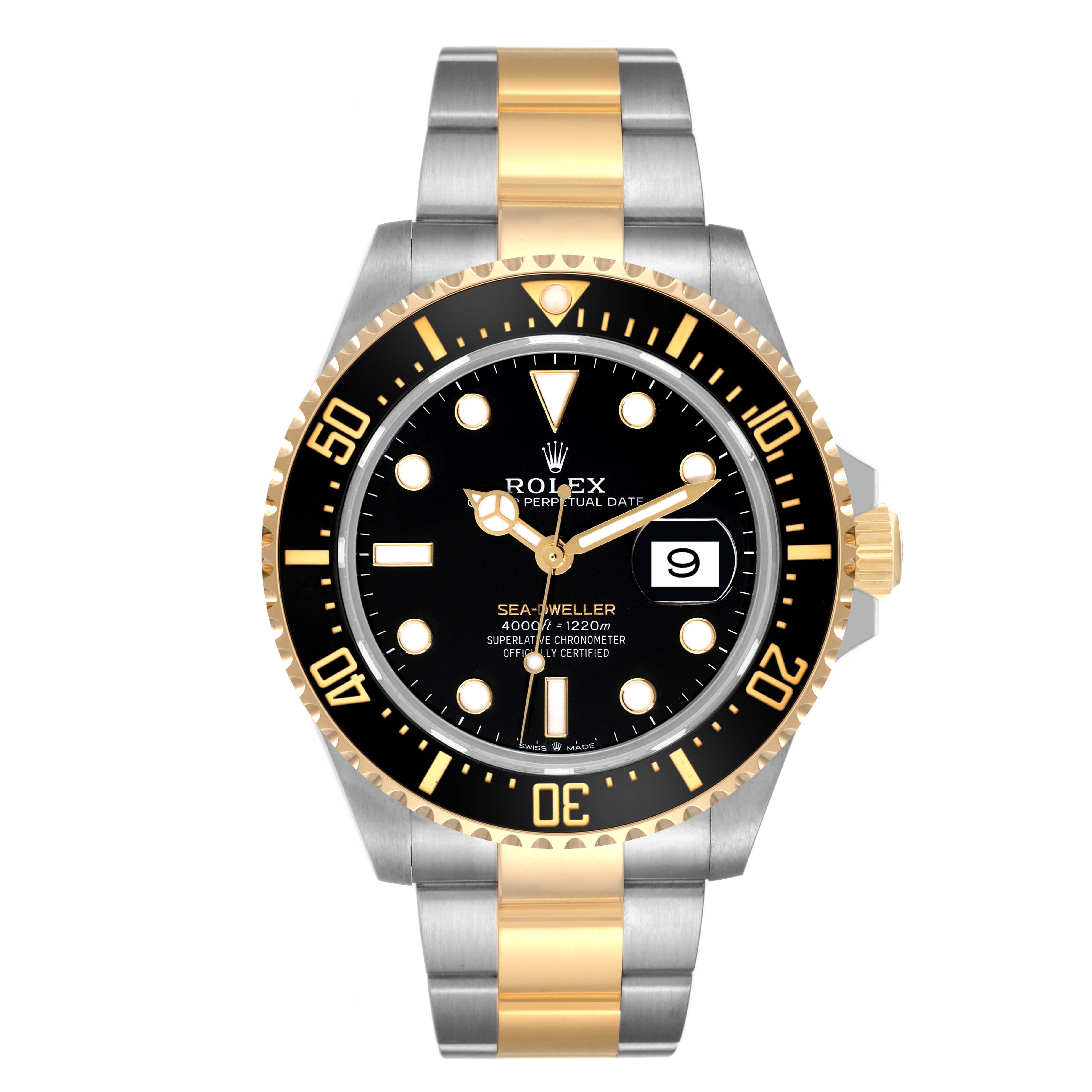 The image shows a frontal view of a Rolex Sea-Dweller 126603 Men
s Steel and Gold (two tone) Black Dial 126603 Men
s Steel and Gold (two tone) Black Dial watch, displaying its bezel, dial, and two-tone bracelet.