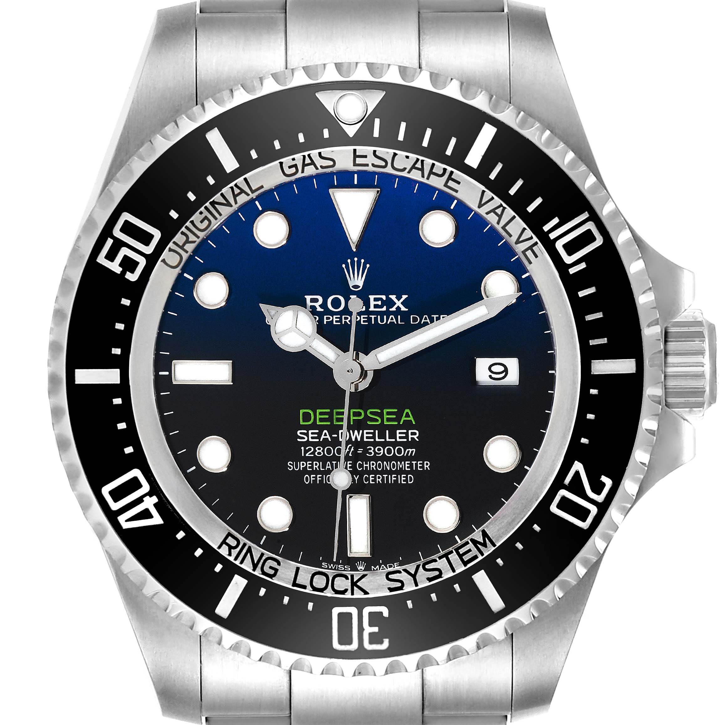 The image shows a front-facing view of the Rolex Sea-Dweller 126660 Men
s Stainless Steel Blue Dial 126660 Men
s Stainless Steel Blue Dial Deepsea watch, displaying the dial, bezel, and partial strap.