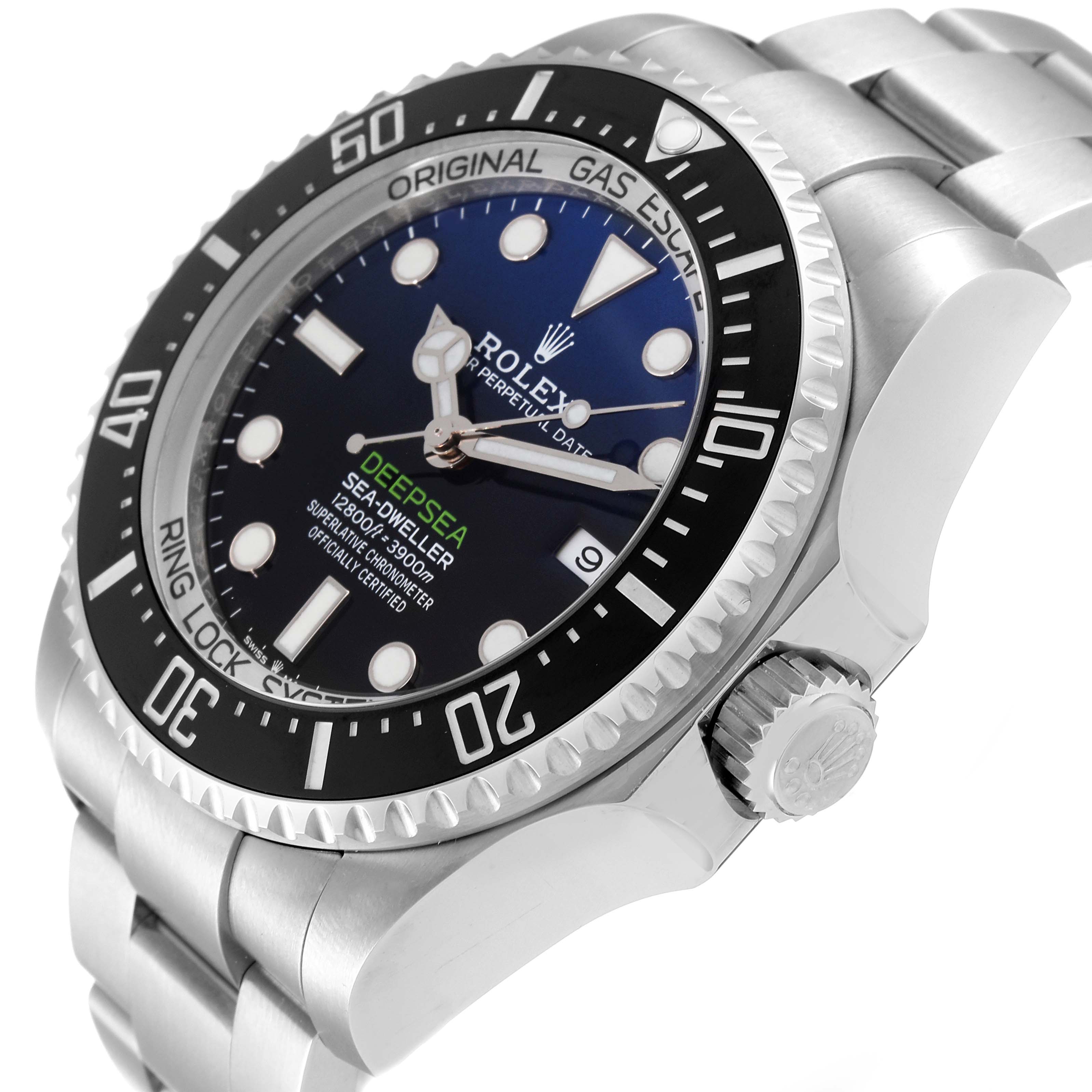 The image shows a close-up of the Rolex Sea-Dweller 126660 Men
s Stainless Steel Blue Dial 126660 Men
s Stainless Steel Blue Dial watch at an angle, highlighting the dial, bezel, crown, and part of the bracelet.