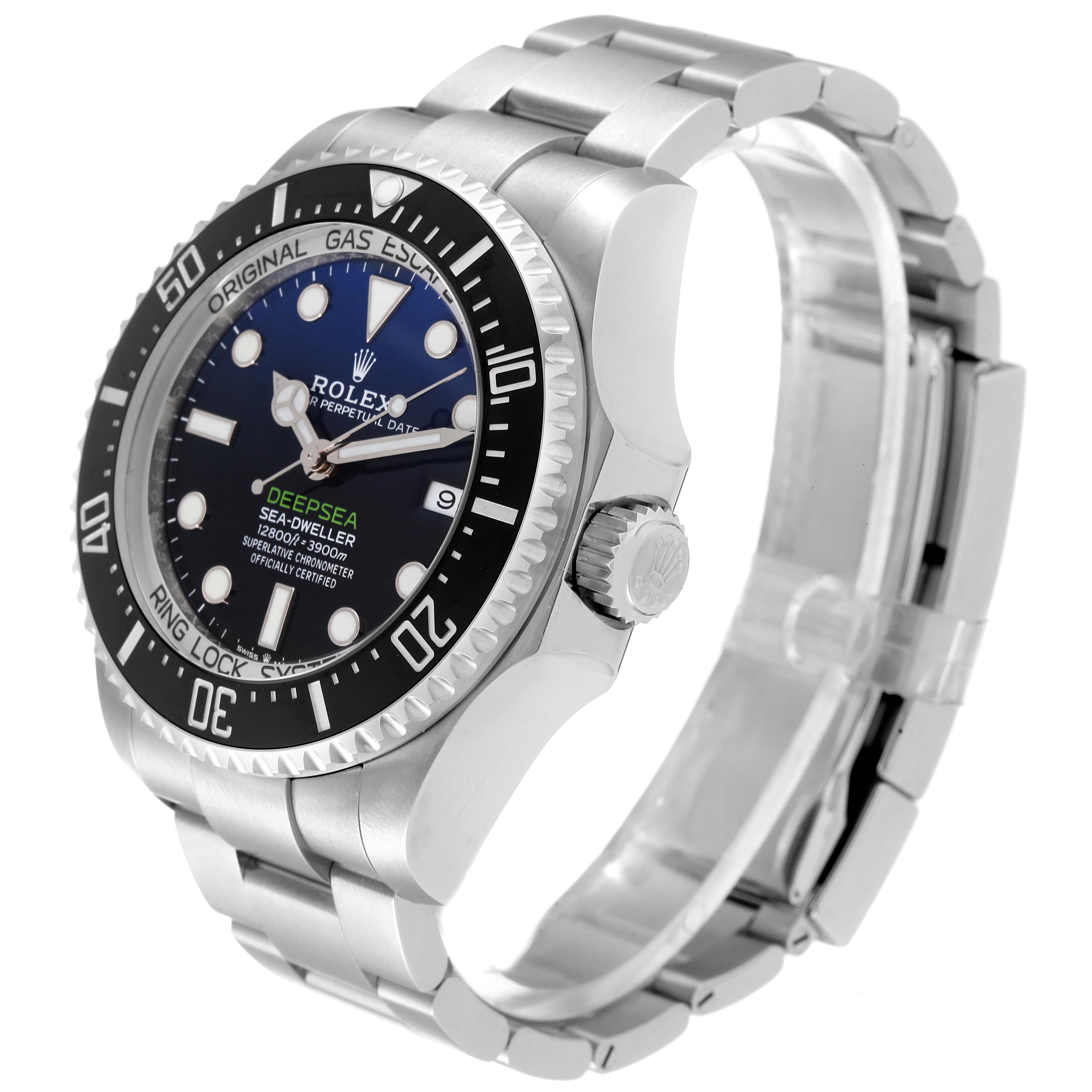 This image shows a Rolex Sea-Dweller 126660 Men
s Stainless Steel Blue Dial 126660 Men
s Stainless Steel Blue Dial watch at an angle highlighting its bracelet, case, bezel, and crown.