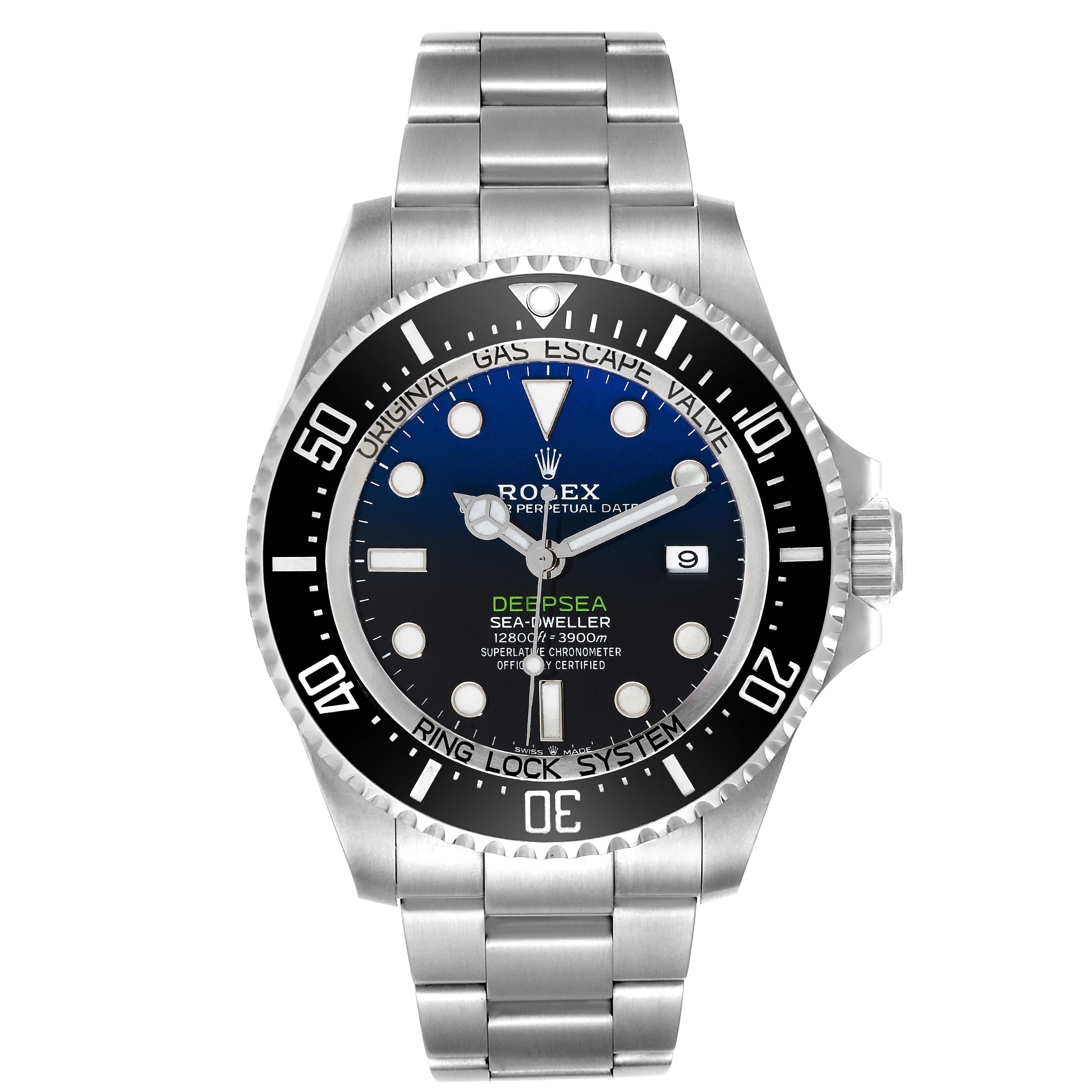 This image shows a front view of the Rolex Sea-Dweller 126660 Men
s Stainless Steel Blue Dial 126660 Men
s Stainless Steel Blue Dial Deepsea watch, highlighting its dial, bezel, and bracelet.