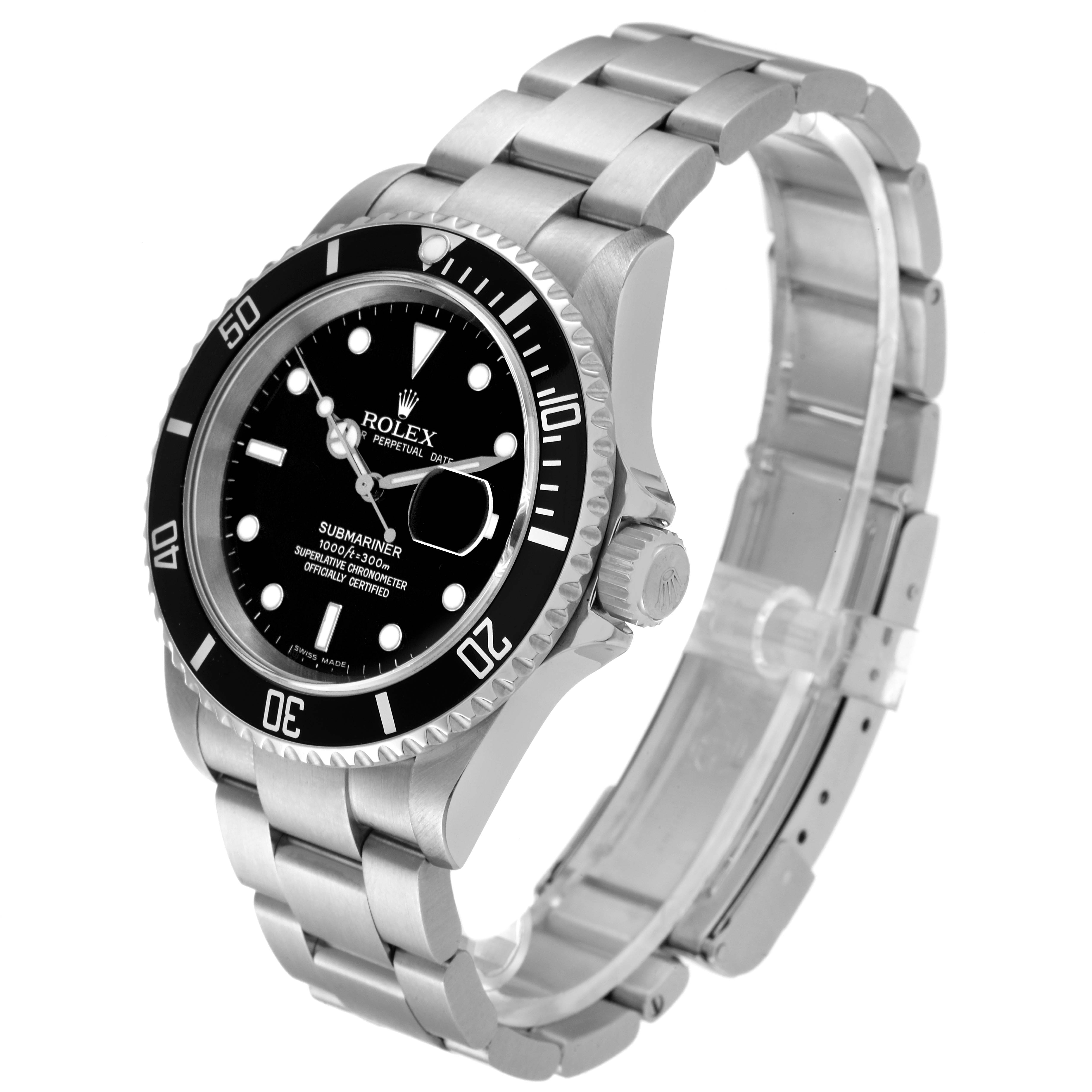 The image shows a Rolex Submariner 16610 Men
s Stainless Steel Black Dial 16610 Men
s Stainless Steel Black Dial watch from an angled perspective, displaying the watch face, bezel, case, and bracelet.