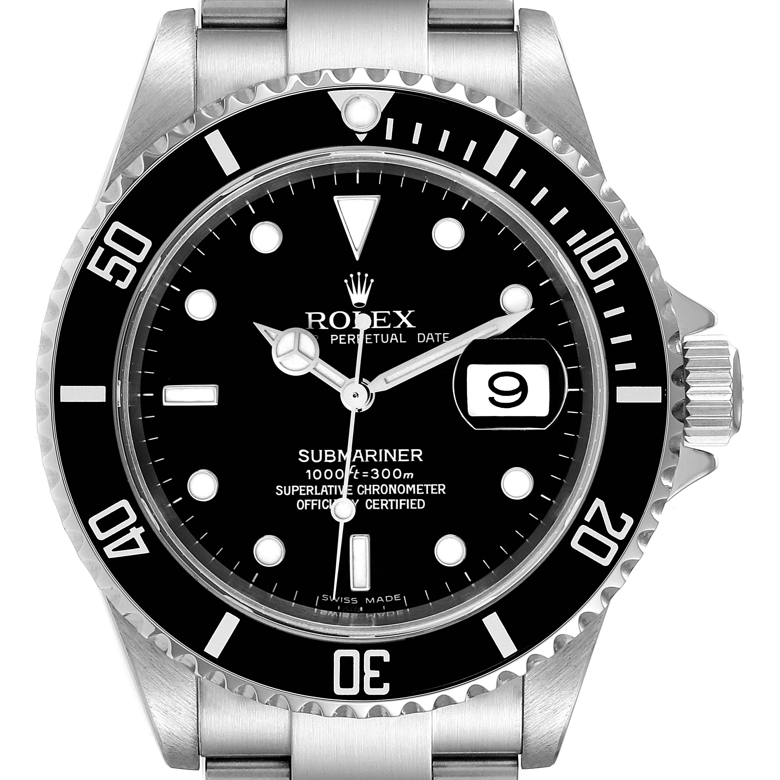 This image shows a front view of a Rolex Submariner 16610 Men
s Stainless Steel Black Dial 16610 Men
s Stainless Steel Black Dial watch, highlighting the dial, bezel, and bracelet.