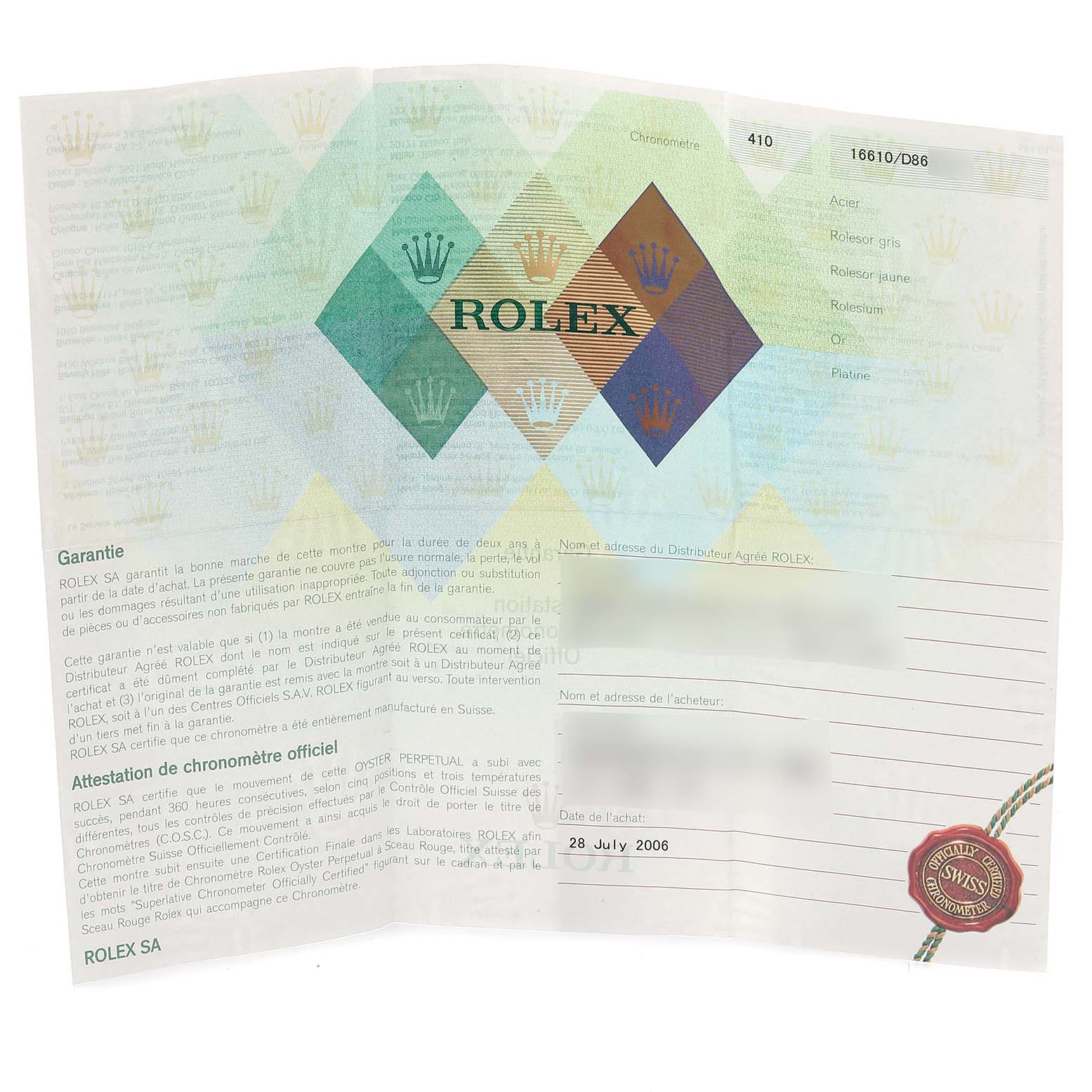 This image shows the warranty certificate and chronometer certification document for a Rolex Submariner 16610 Men
s Stainless Steel Black Dial 16610 Men
s Stainless Steel Black Dial watch.