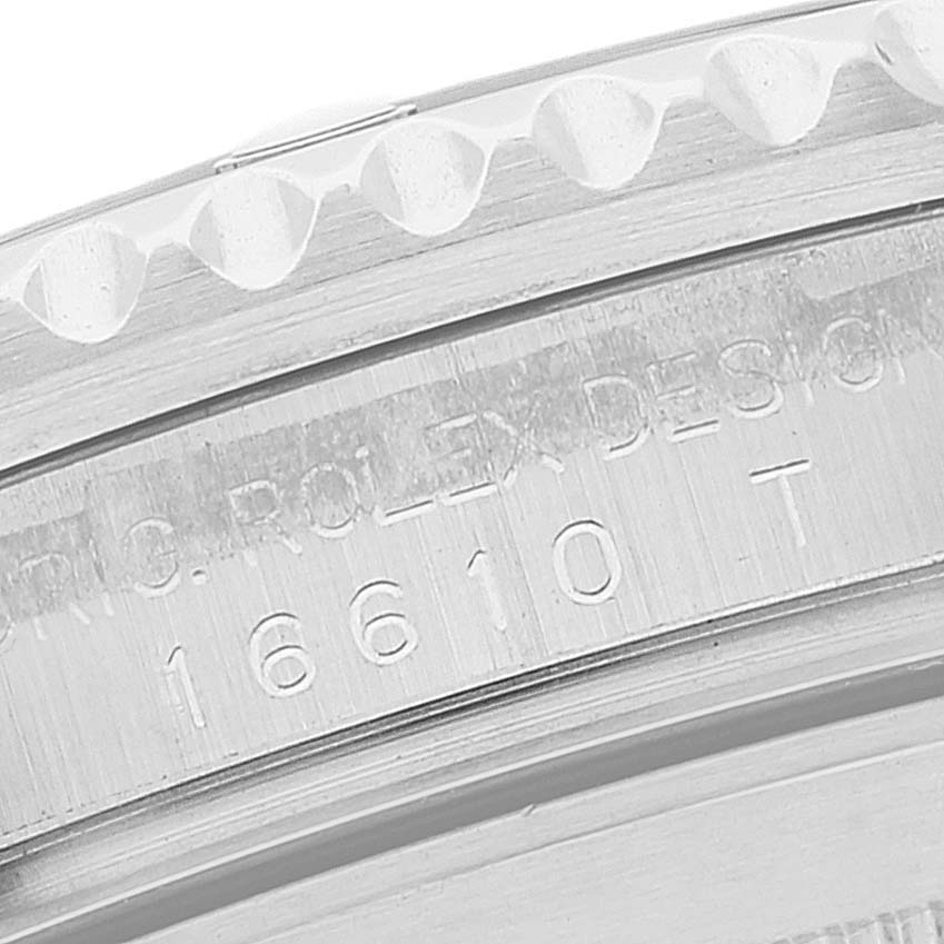 This image shows a close-up of the edge and the engraved model number (16610) of a Rolex Submariner 16610 Men
s Stainless Steel Black Dial 16610 Men
s Stainless Steel Black Dial watch.