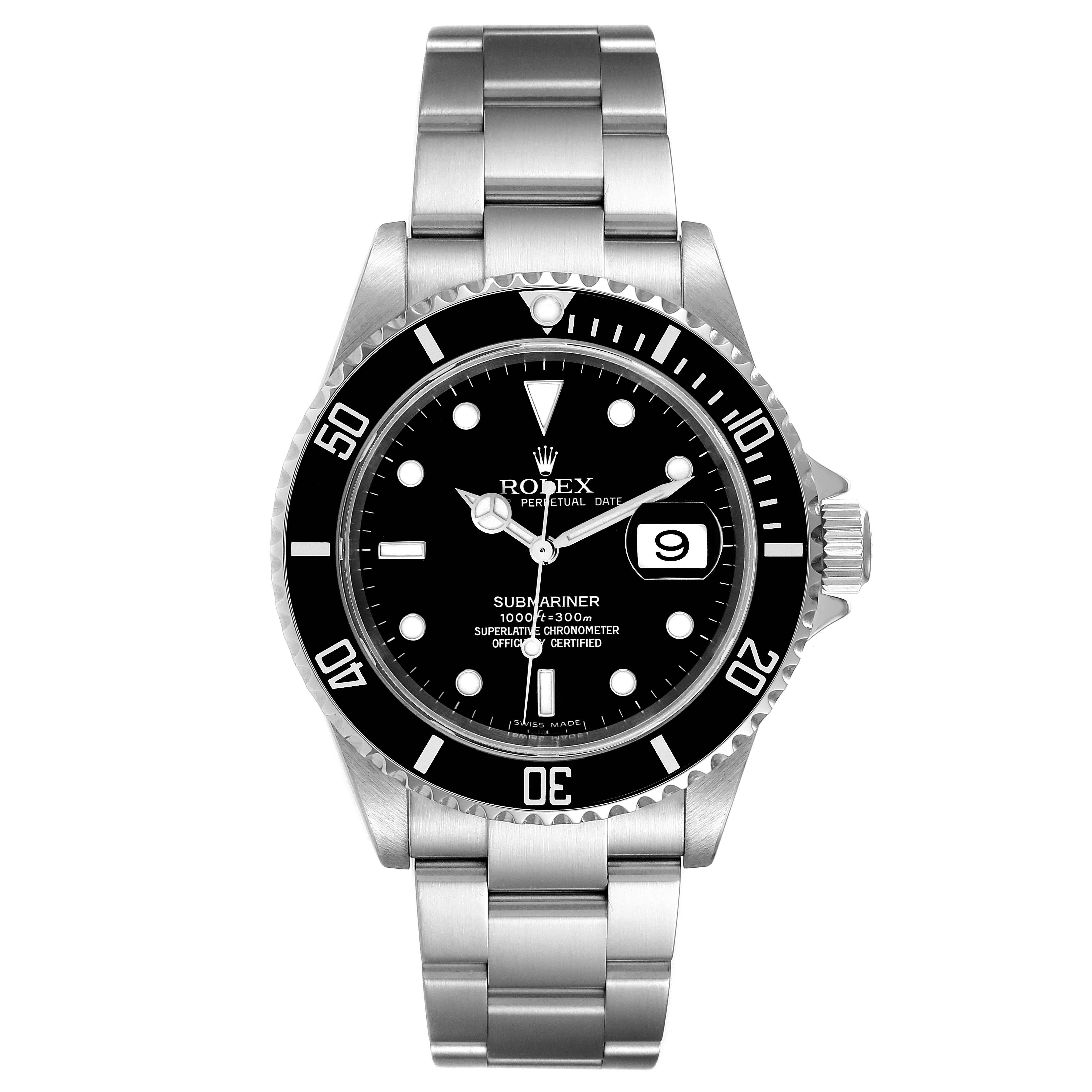 This image shows a front view of the Rolex Submariner 16610 Men
s Stainless Steel Black Dial 16610 Men
s Stainless Steel Black Dial watch displaying the dial, bezel, bracelet, and date window.