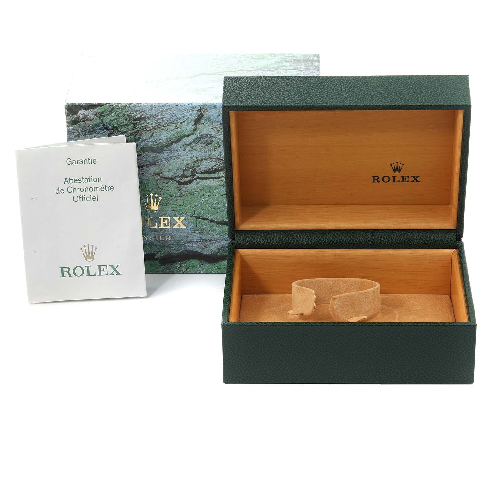 This image shows the packaging components for a Rolex Submariner 16610 Men
s Stainless Steel Black Dial 16610 Men
s Stainless Steel Black Dial, including a green watch box, outer box, and warranty booklet.