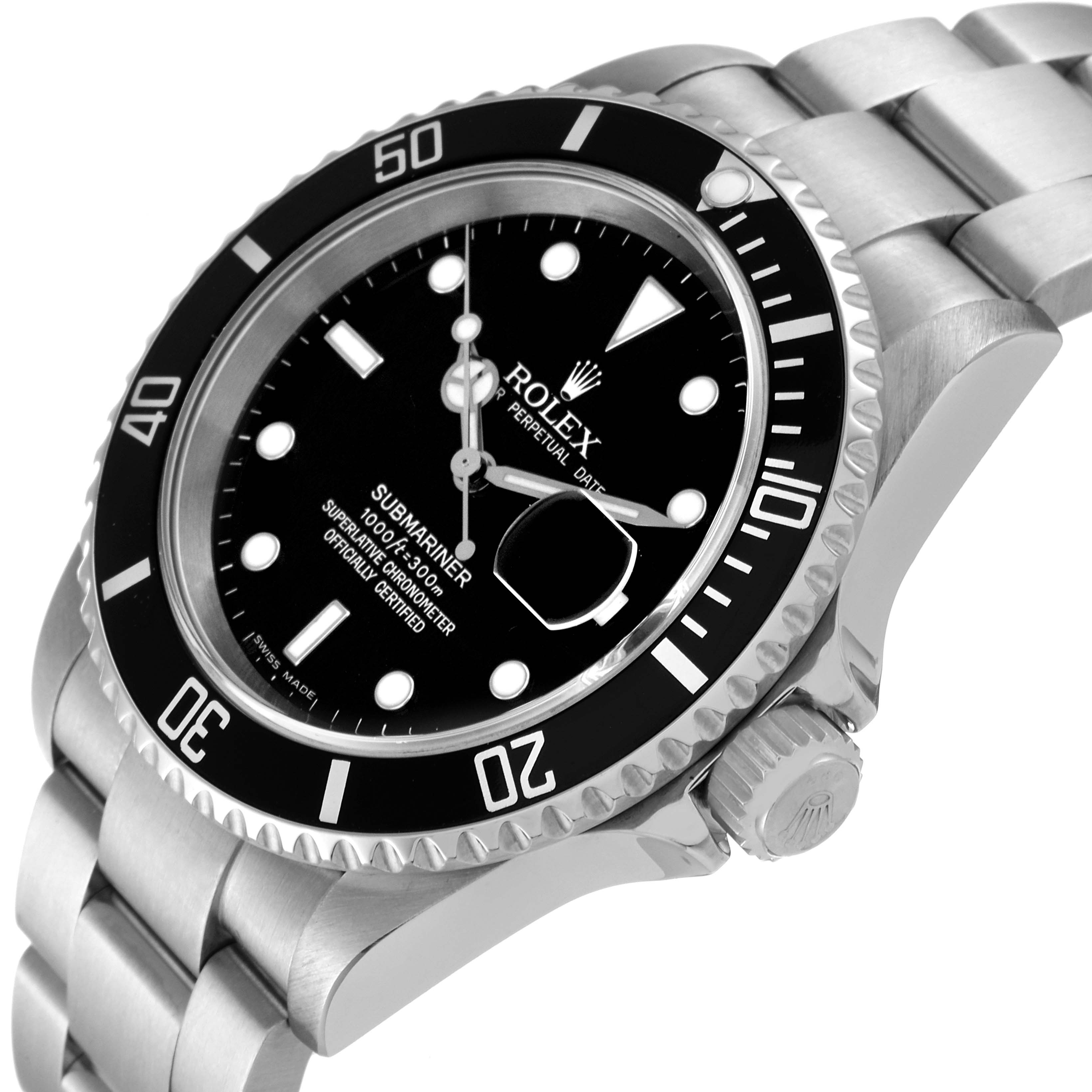 The image shows a side-angle view of the Rolex Submariner 16610 Men
s Stainless Steel Black Dial 16610 Men
s Stainless Steel Black Dial watch, highlighting the dial, bezel, and part of the bracelet.