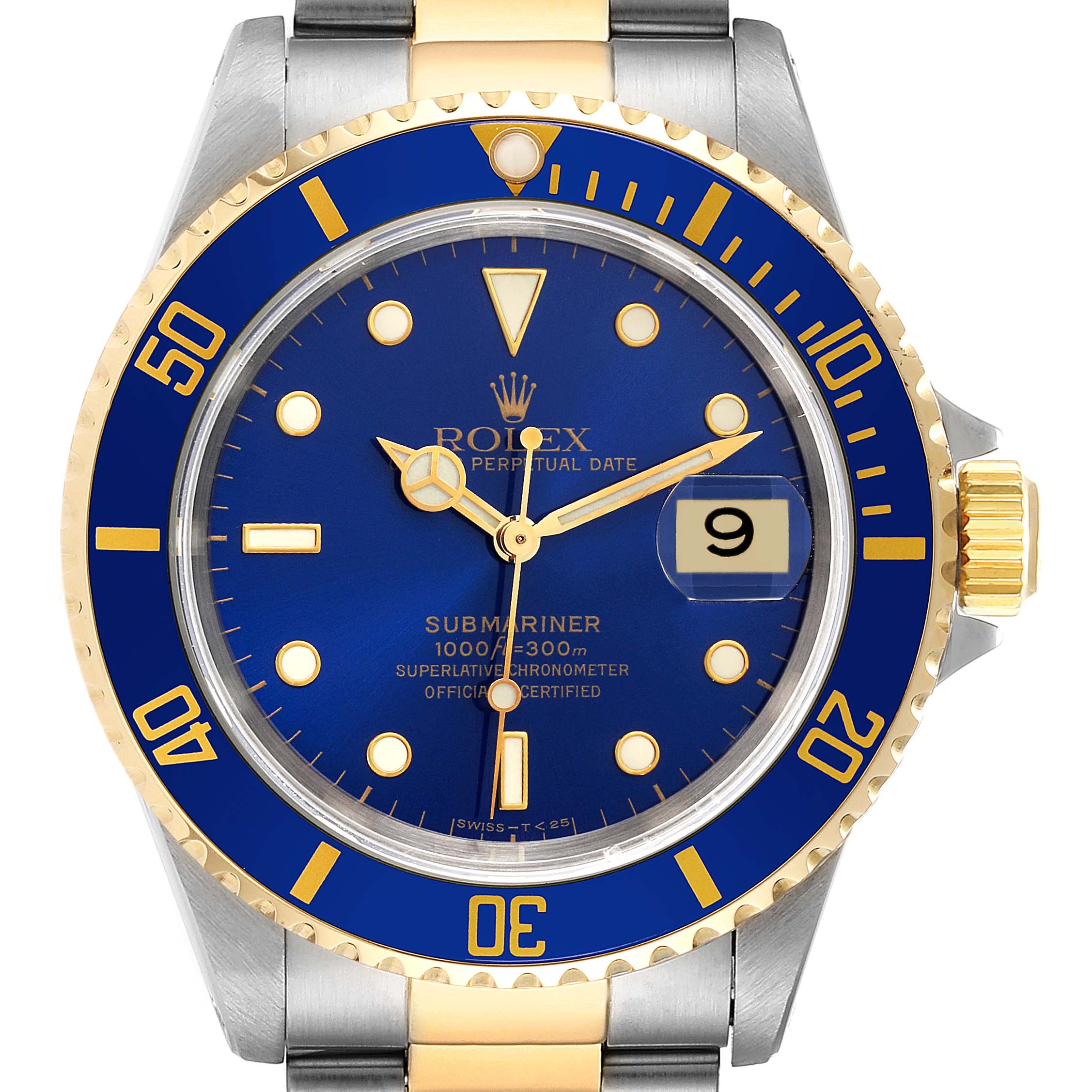The image shows a front view of the Rolex Submariner 16613 Men
s Steel and Gold (two tone) Blue Dial 16613 Men
s Steel and Gold (two tone) Blue Dial watch, highlighting its blue dial, bezel, and two-tone stainless steel and gold bracelet.
