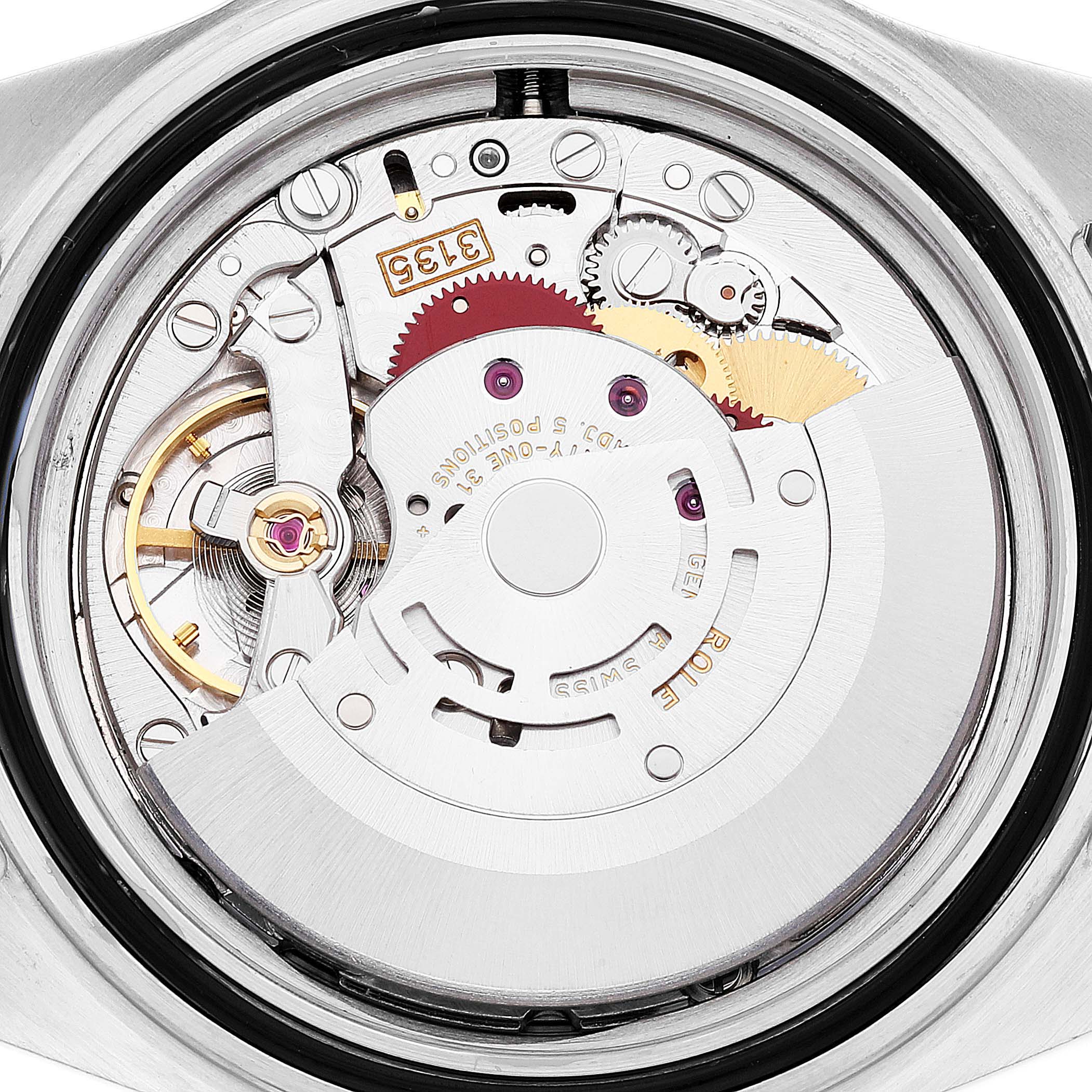 This image shows a top-down view of the movement mechanism inside a Rolex Submariner 16613 Men
s Steel and Gold (two tone) Blue Dial 16613 Men
s Steel and Gold (two tone) Blue Dial watch.