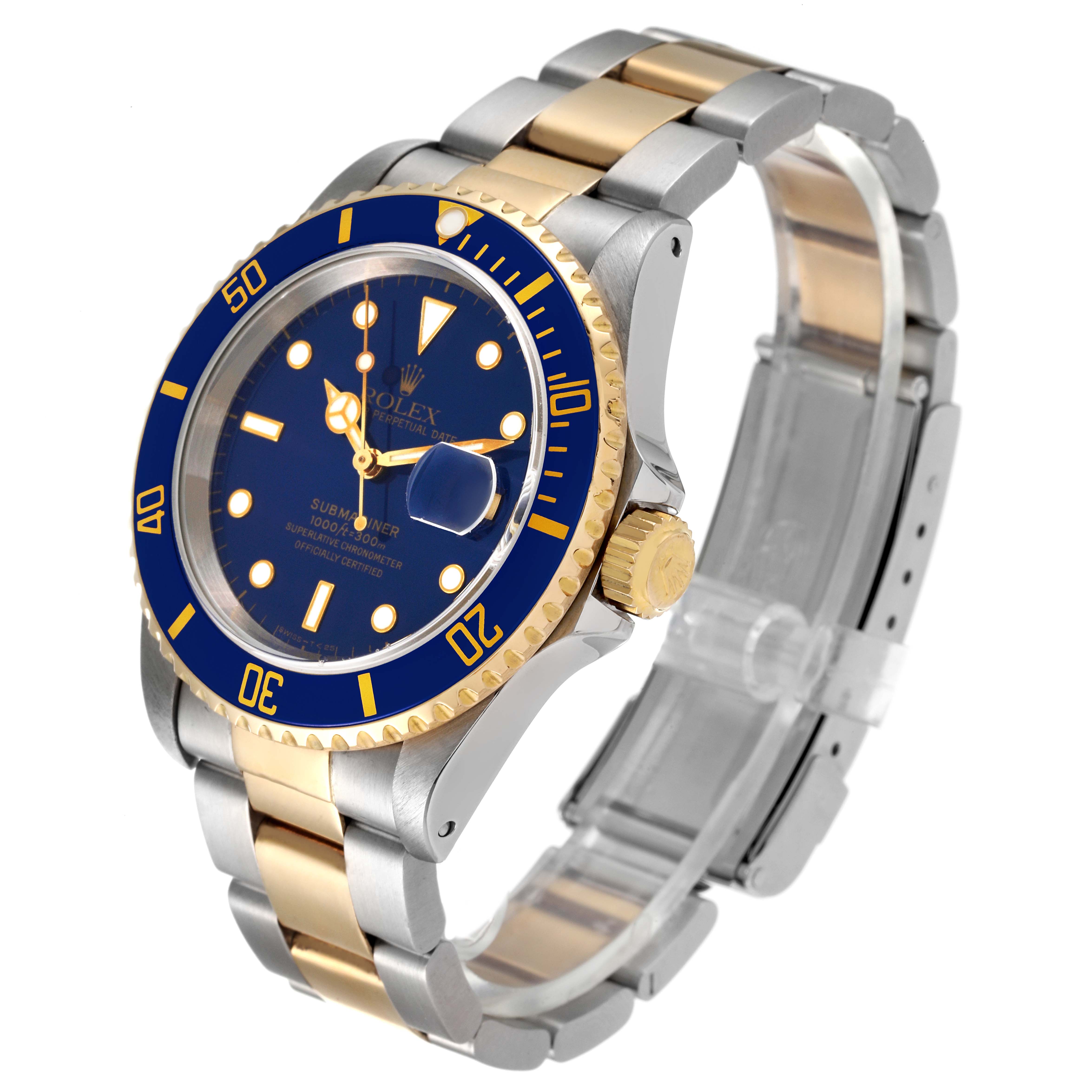The image shows a Rolex Submariner 16613 Men
s Steel and Gold (two tone) Blue Dial 16613 Men
s Steel and Gold (two tone) Blue Dial watch at a three-quarter angle, highlighting the face, bezel, crown, and bracelet.