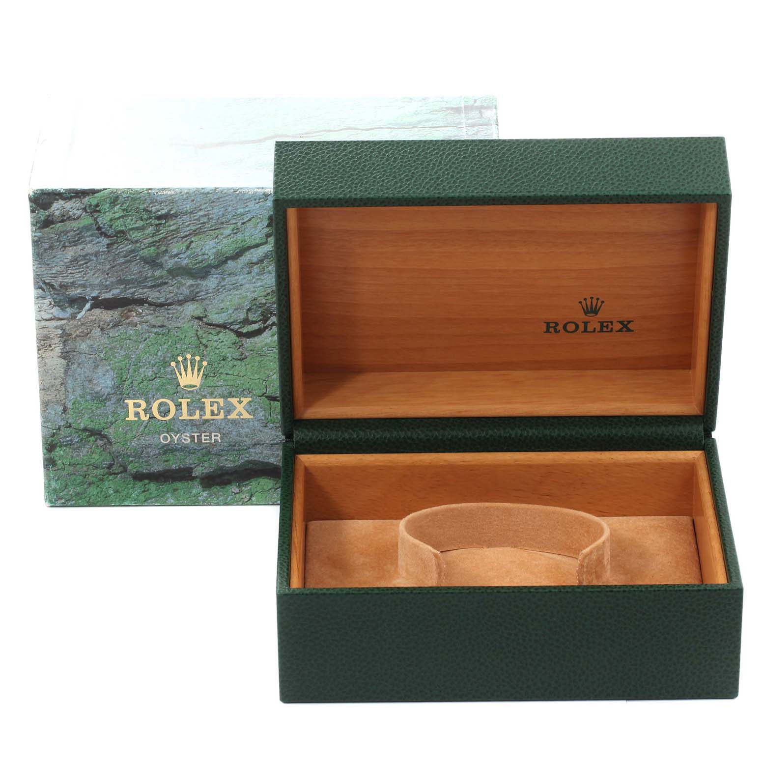 This image shows an open Rolex Submariner 16613 Men
s Steel and Gold (two tone) Blue Dial 16613 Men
s Steel and Gold (two tone) Blue Dial watch box, with green and wooden interior and exterior.