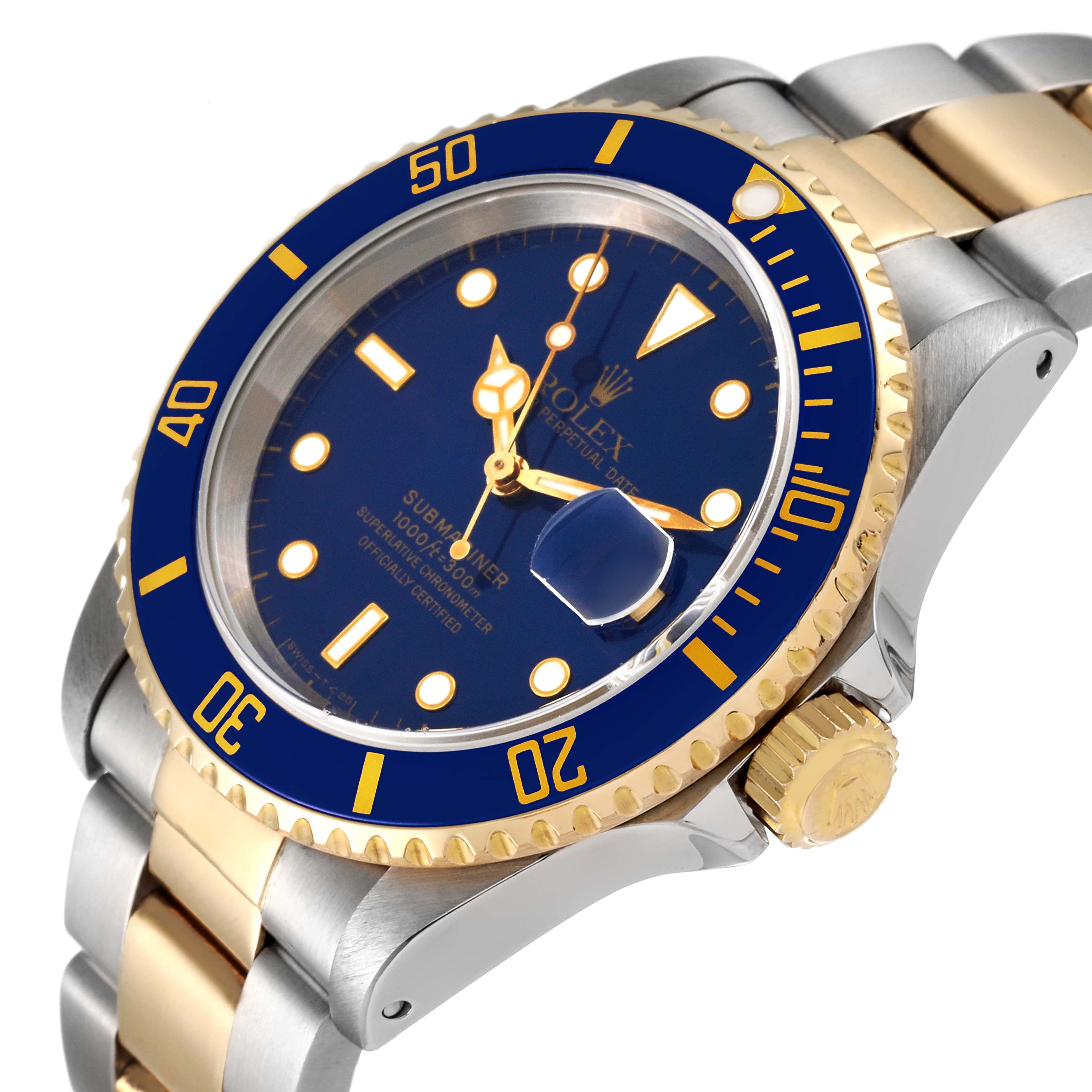 This image shows a Rolex Submariner 16613 Men
s Steel and Gold (two tone) Blue Dial 16613 Men
s Steel and Gold (two tone) Blue Dial watch at an angle highlighting the face, bezel, and part of the bracelet.