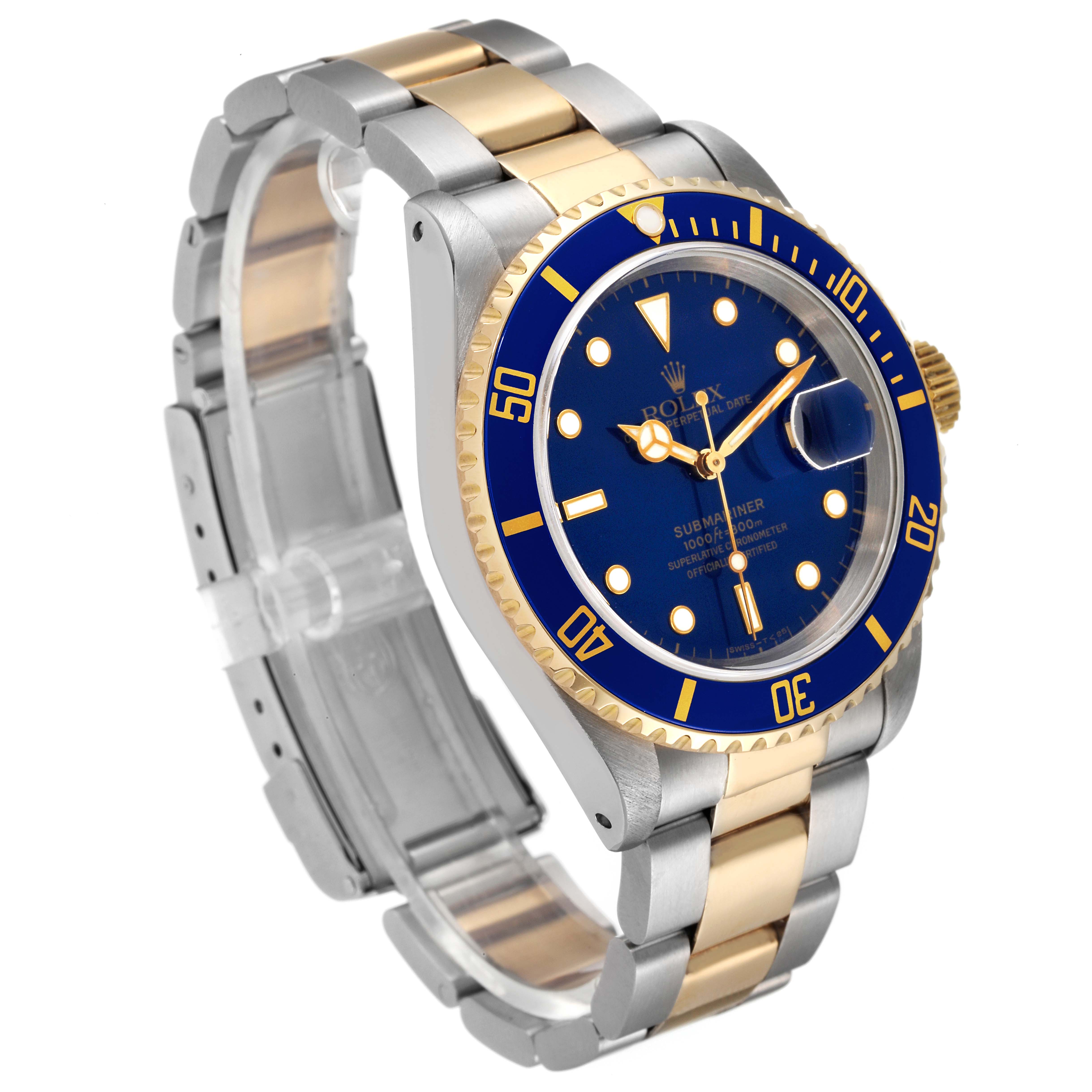 The image shows a side angle of the Rolex Submariner 16613 Men
s Steel and Gold (two tone) Blue Dial 16613 Men
s Steel and Gold (two tone) Blue Dial watch, highlighting its blue dial, bezel, and two-tone metal bracelet.