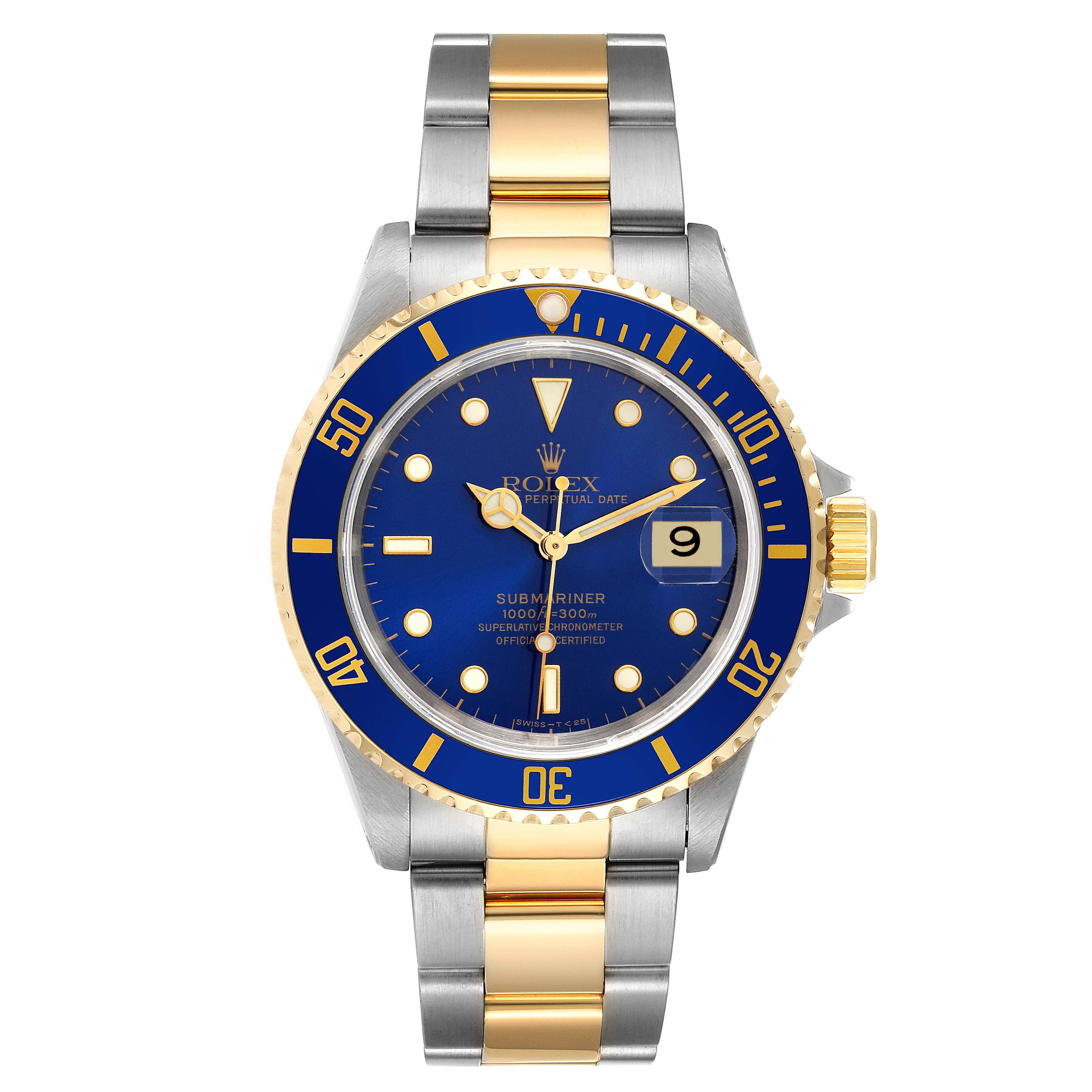 The image shows a front view of a Rolex Submariner 16613 Men
s Steel and Gold (two tone) Blue Dial 16613 Men
s Steel and Gold (two tone) Blue Dial watch with a blue dial, gold bezel, and a two-tone metal bracelet.