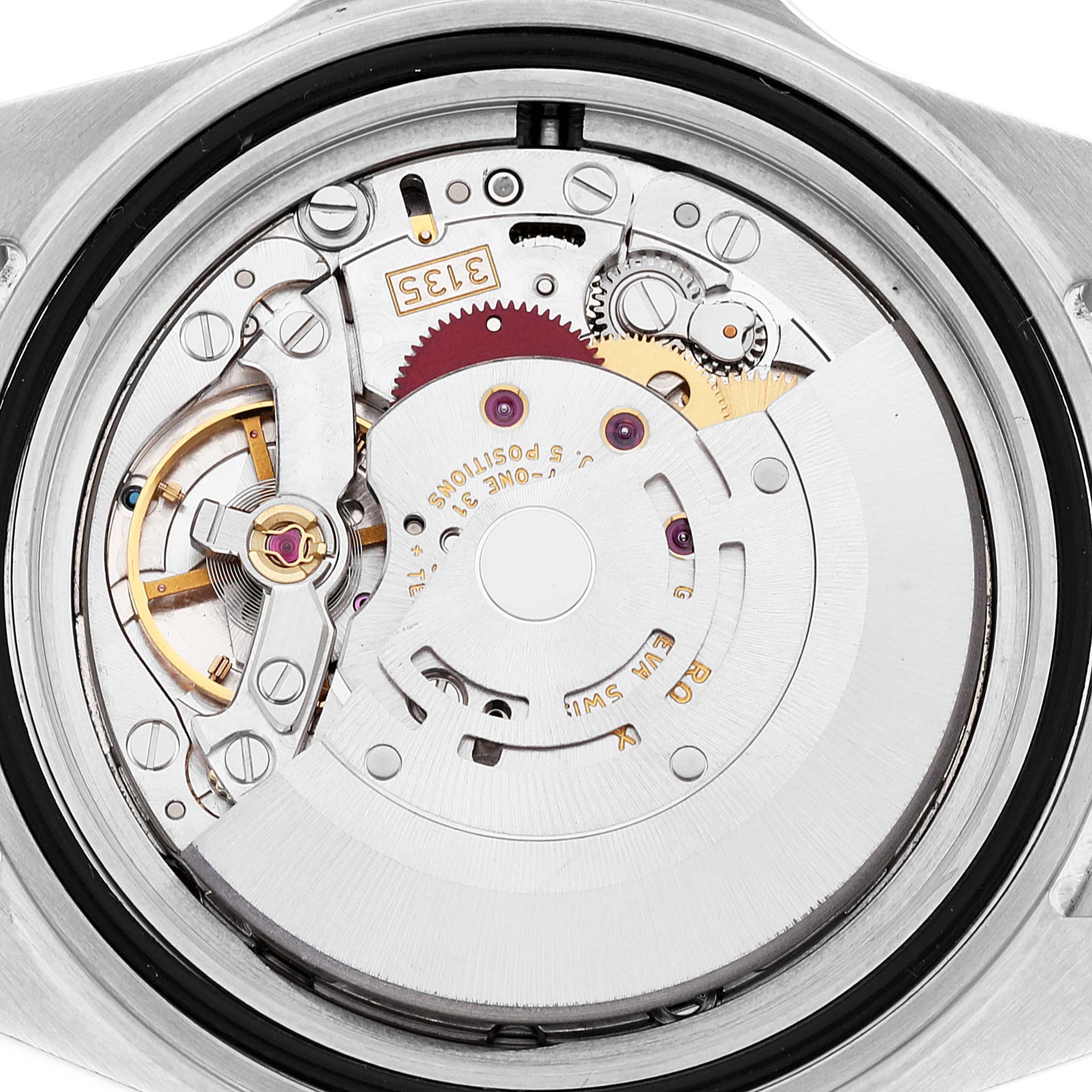 The image shows the internal movement mechanism of a Rolex Submariner 16613 Men
s Stainless Steel Blue Dial 16613 Men
s Stainless Steel Blue Dial watch from a rear, close-up angle.