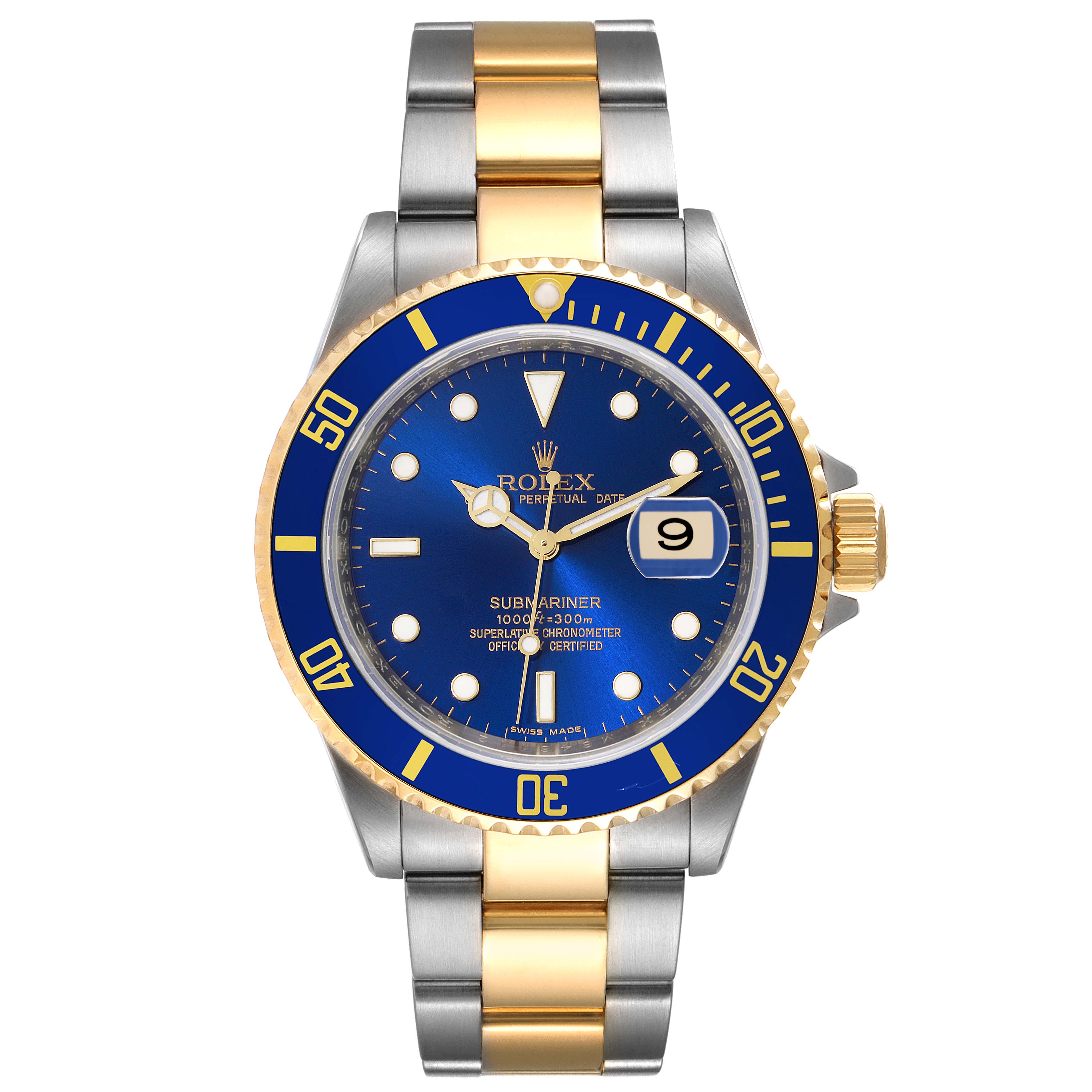 This image shows a frontal view of a Rolex Submariner 16613 Men
s Stainless Steel Blue Dial 16613 Men
s Stainless Steel Blue Dial watch, displaying its blue dial, date window, and two-tone bracelet.