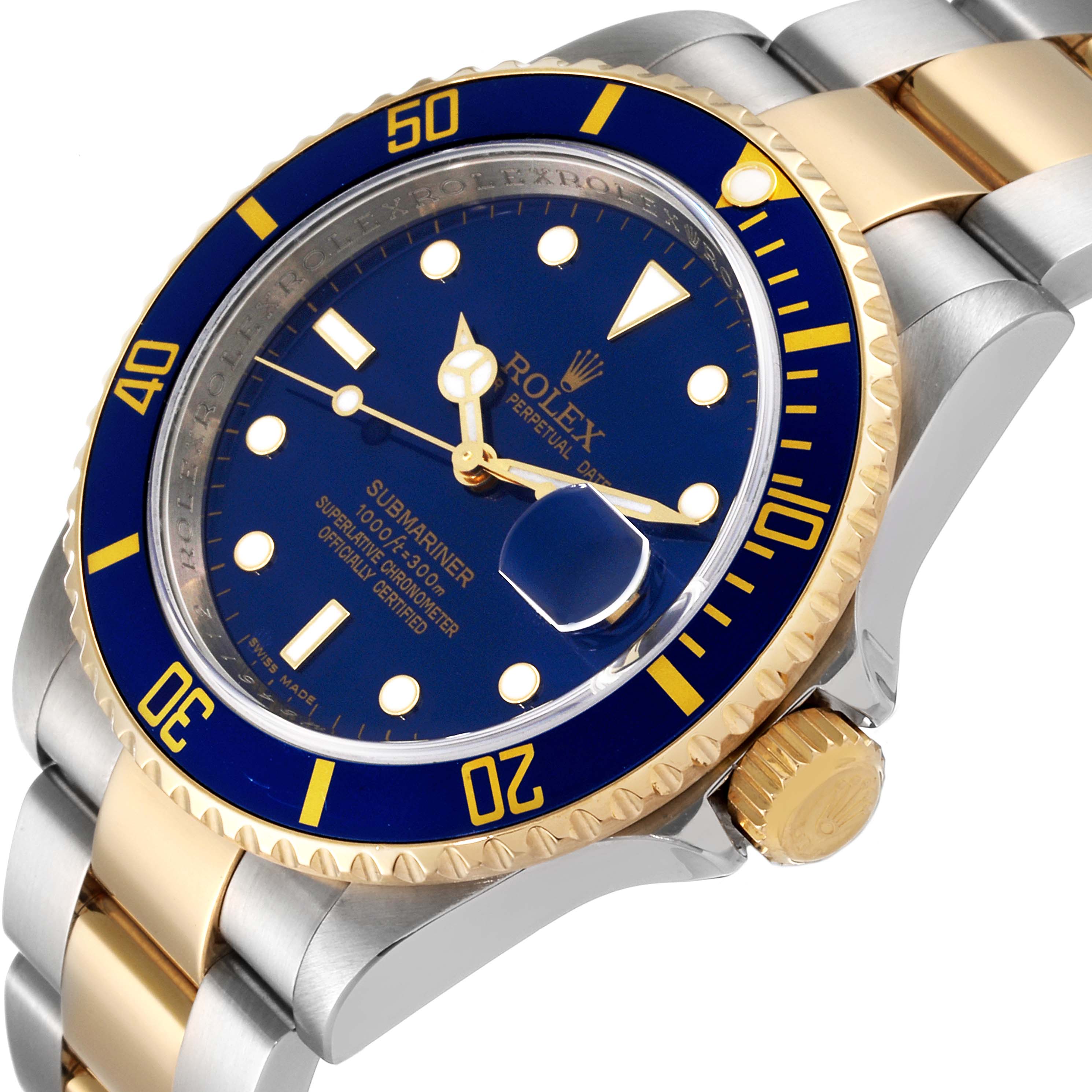 The Rolex Submariner 16613 Men
s Stainless Steel Blue Dial 16613 Men
s Stainless Steel Blue Dial watch is shown at an angle displaying the bezel, dial, crown, and part of its bracelet.