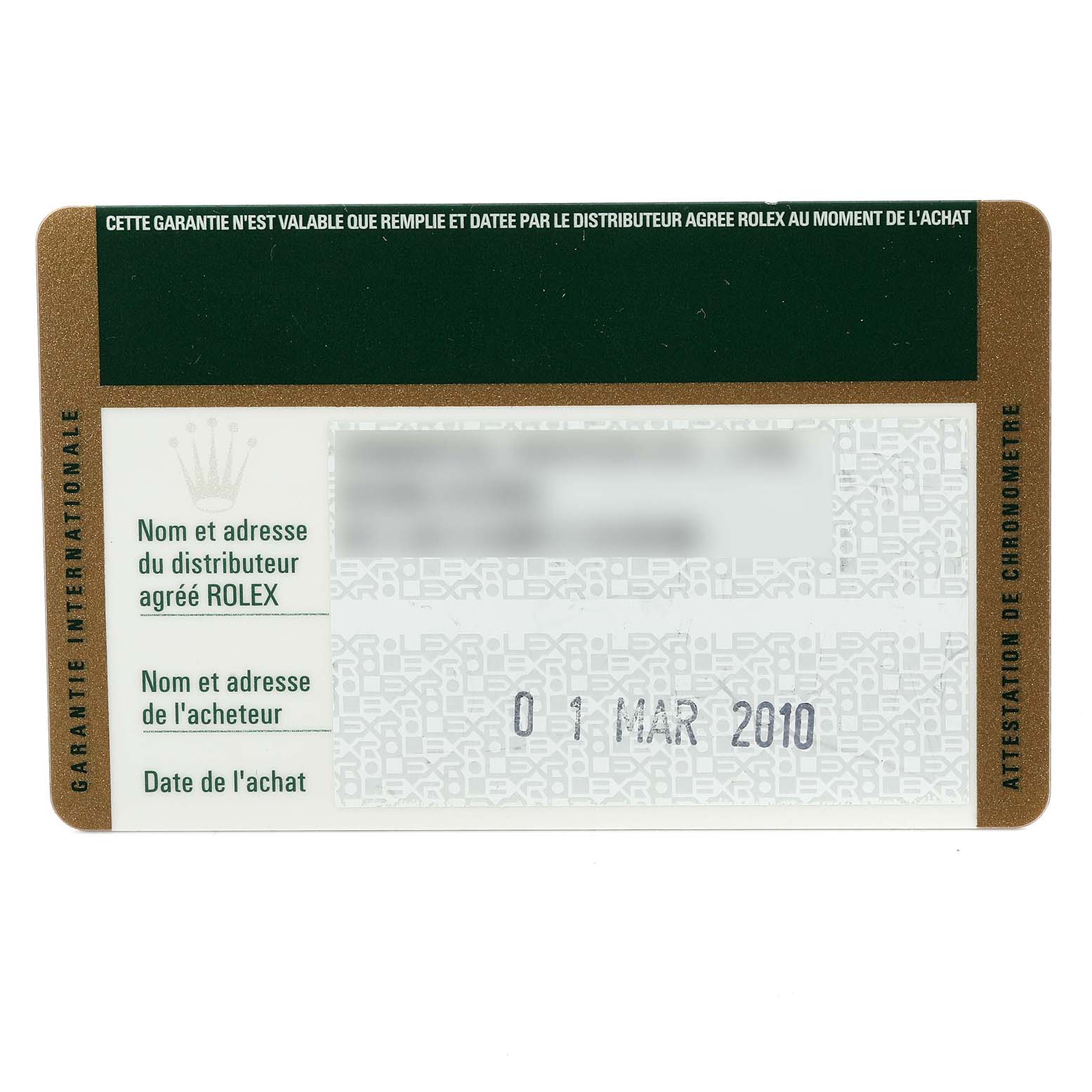 The image shows a warranty card for a Rolex Submariner 16613 Men
s Stainless Steel Blue Dial 16613 Men
s Stainless Steel Blue Dial watch, detailing the purchase and authorized dealer information.