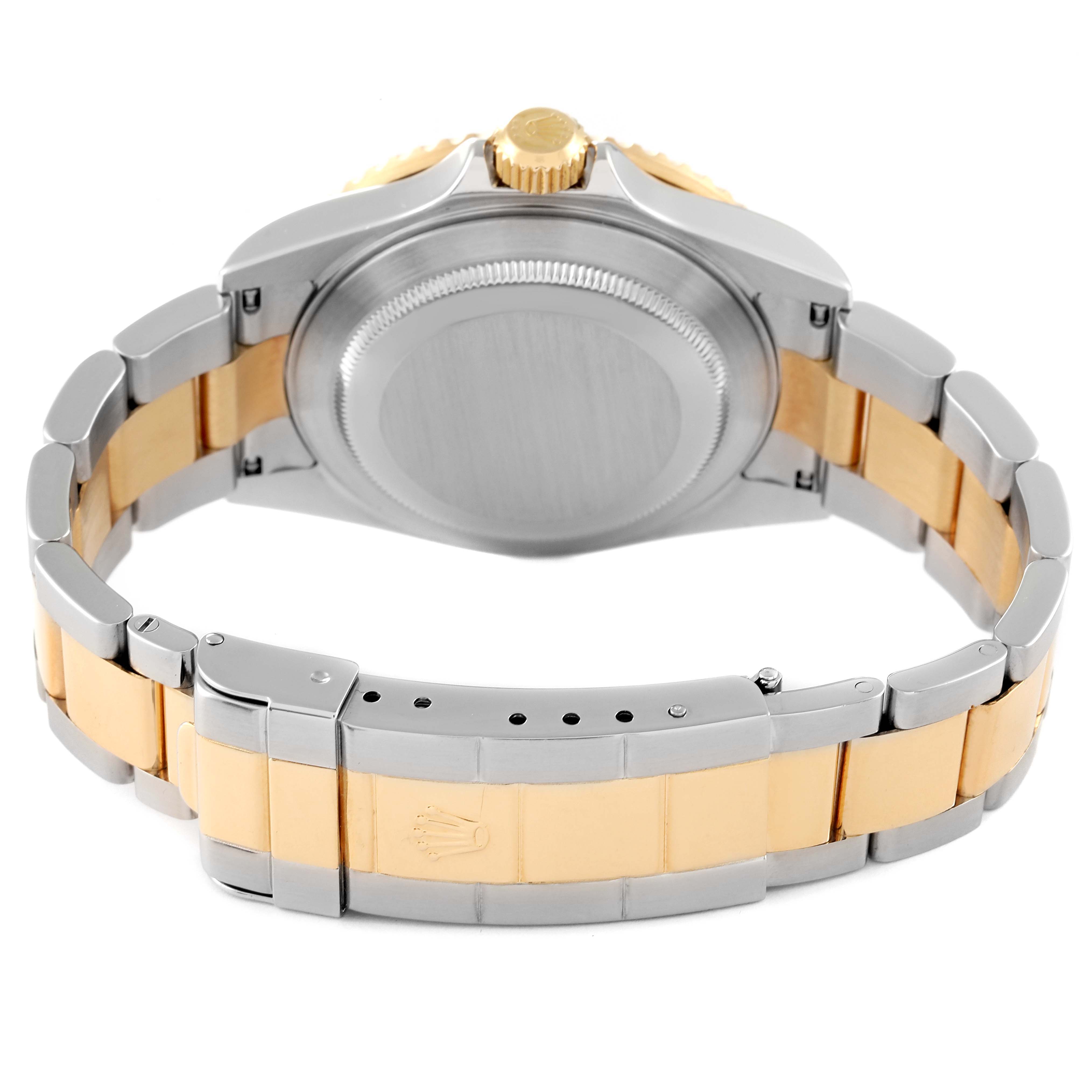 The image shows the backside and clasp of a Rolex Submariner 16613 Men
s Stainless Steel Blue Dial 16613 Men
s Stainless Steel Blue Dial watch, highlighting its two-tone bracelet and closed case back.