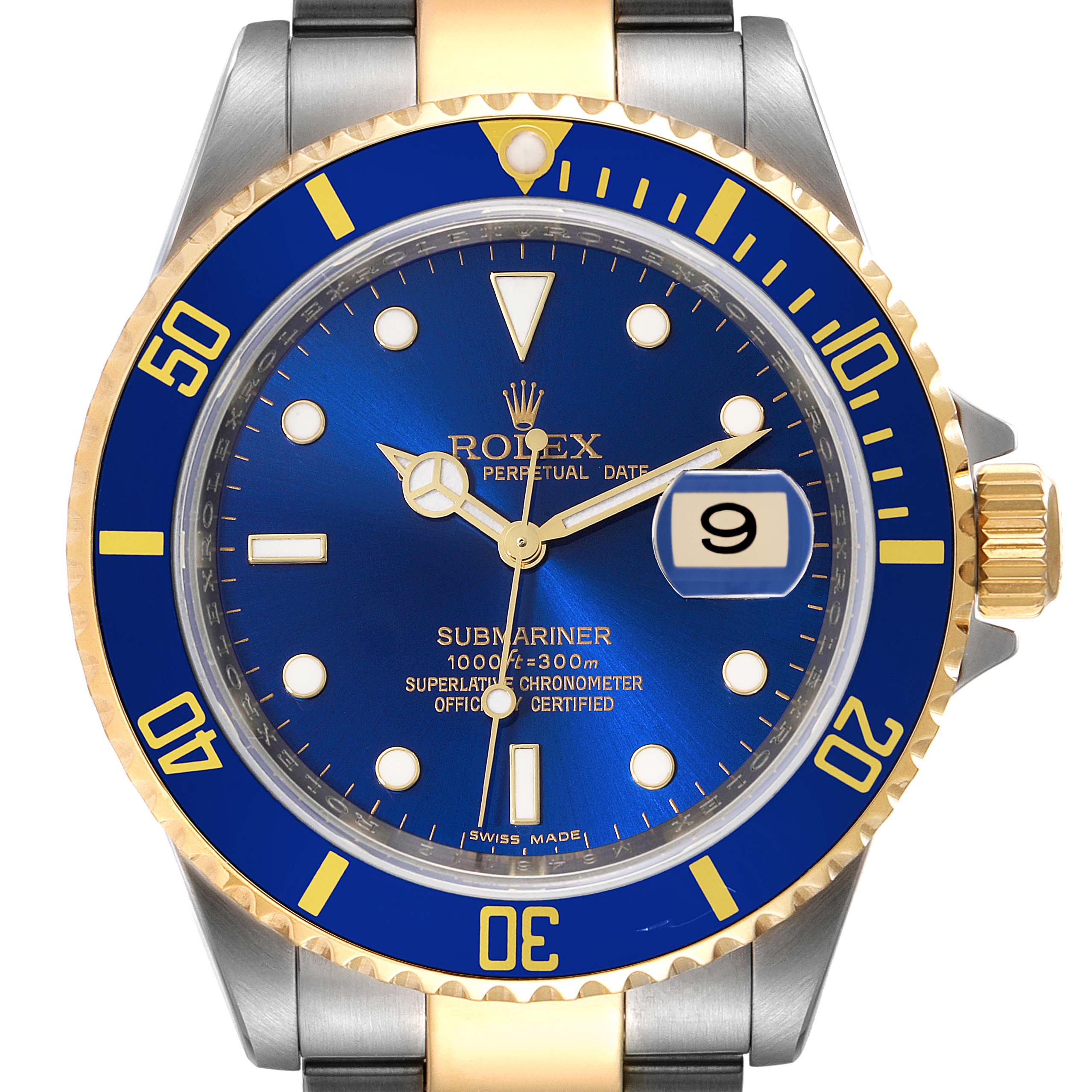 The image shows the face and part of the bracelet of a Rolex Submariner 16613 Men
s Stainless Steel Blue Dial 16613 Men
s Stainless Steel Blue Dial watch with a blue dial and yellow gold accents.