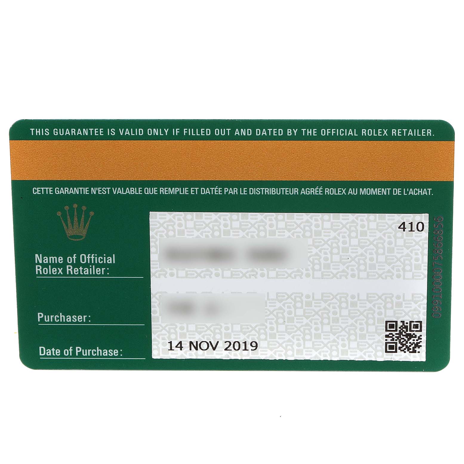This image shows the warranty card for the Rolex Submariner 116610LV Men
s Stainless Steel Green Dial 116610LV Men
s Stainless Steel Green Dial model, including the date of purchase and retailer information sections.